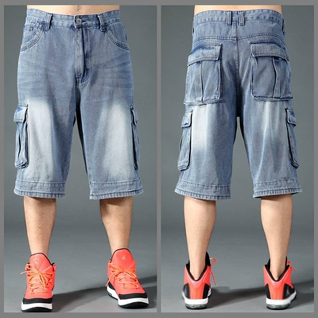 Men's Baggy Jeans Shorts - Hip Hop Loose Fit 3/4 Denim Cargo Shorts with Pockets | Casual Streetwear & Summer Workwear