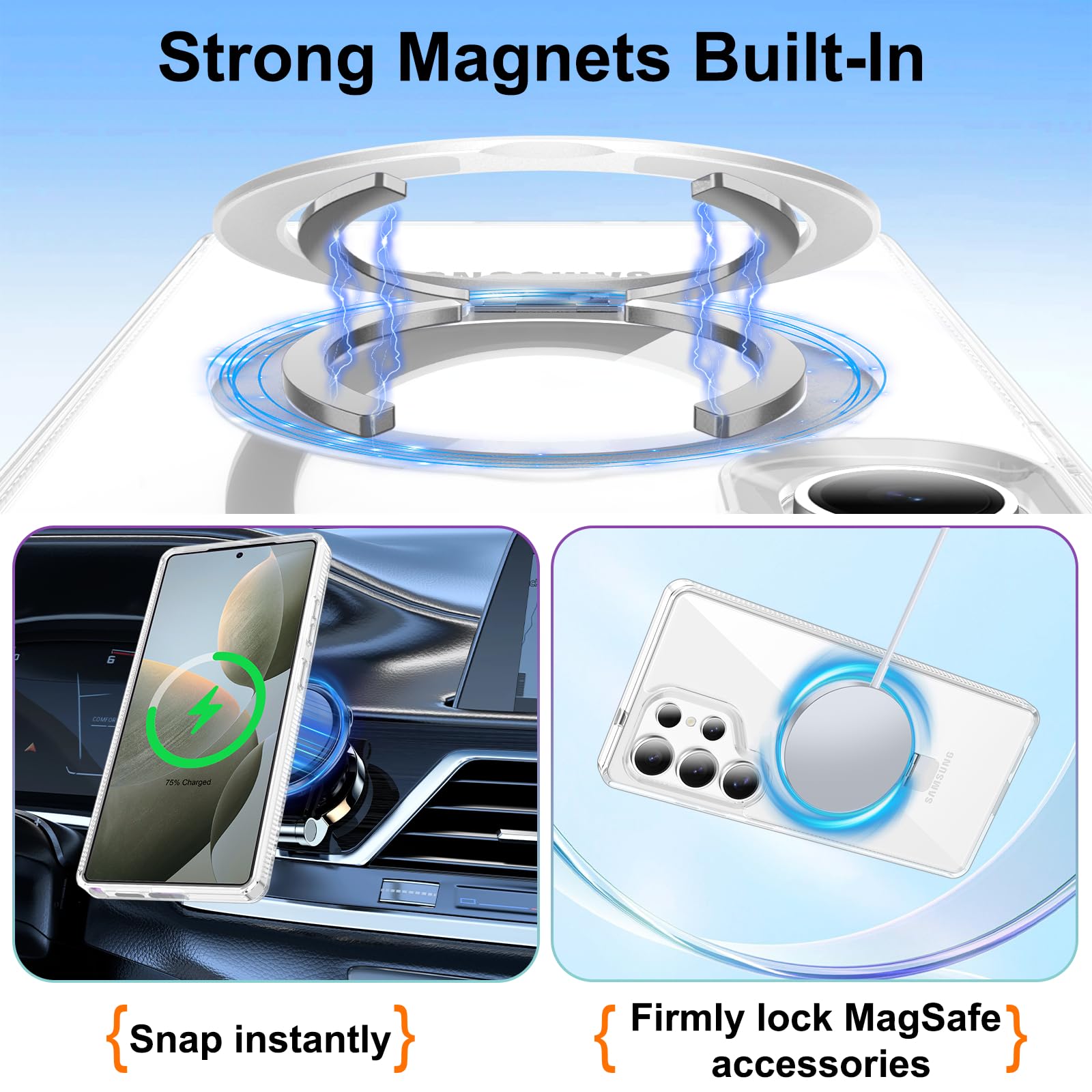 STERKER Magnetic Ring Stand Case for Samsung Galaxy S25 Ultra - Military Grade Drop Protection, Anti-Yellowing Clear Slim Case with Kickstand & Magnetic Mount - Perfect for Work, Travel, and Everyday Use