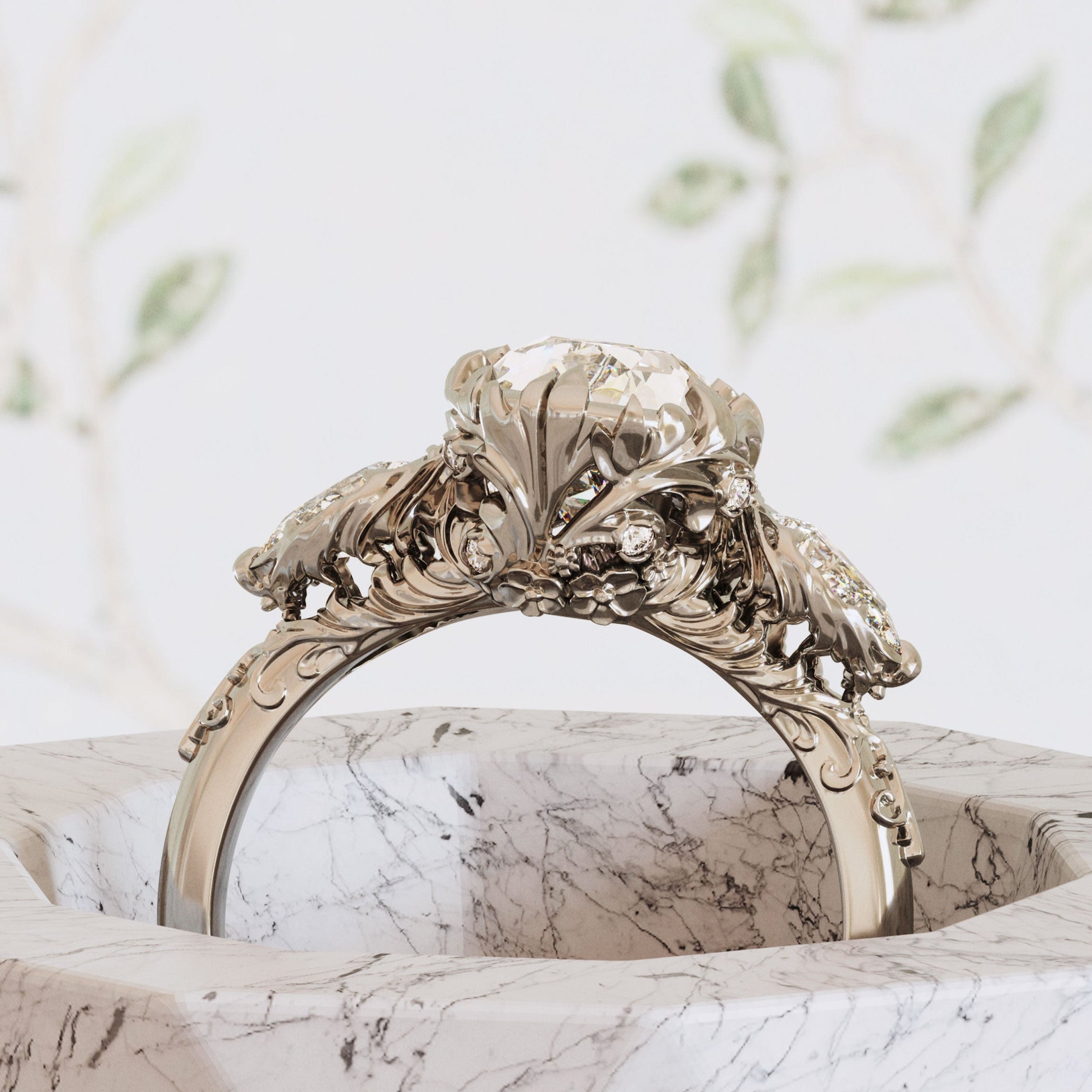 Natural Pear-Shaped 3 Stone Diamond Engagement Ring - Valerie Inspired Nature Design for Wedding, Proposal & Anniversary Gifts