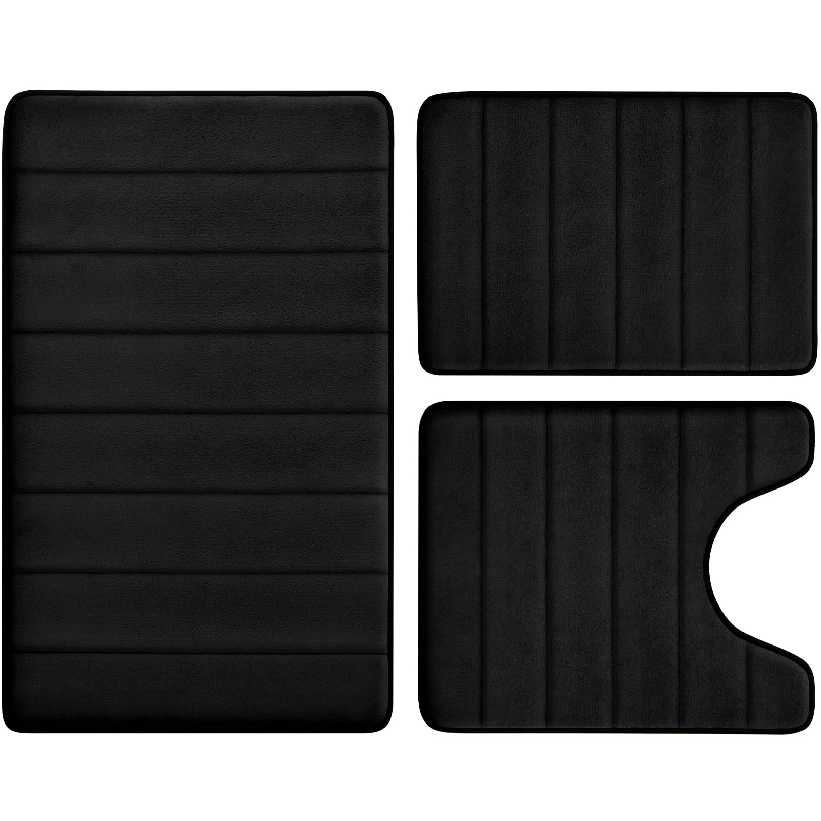 BYSURE 3-Piece Black Memory Foam Bathroom Rug Set - Non-Slip, Super Soft & Absorbent, Machine Washable Bath Mats for Toilet & Shower - Perfect for Bathroom Safety and Comfort