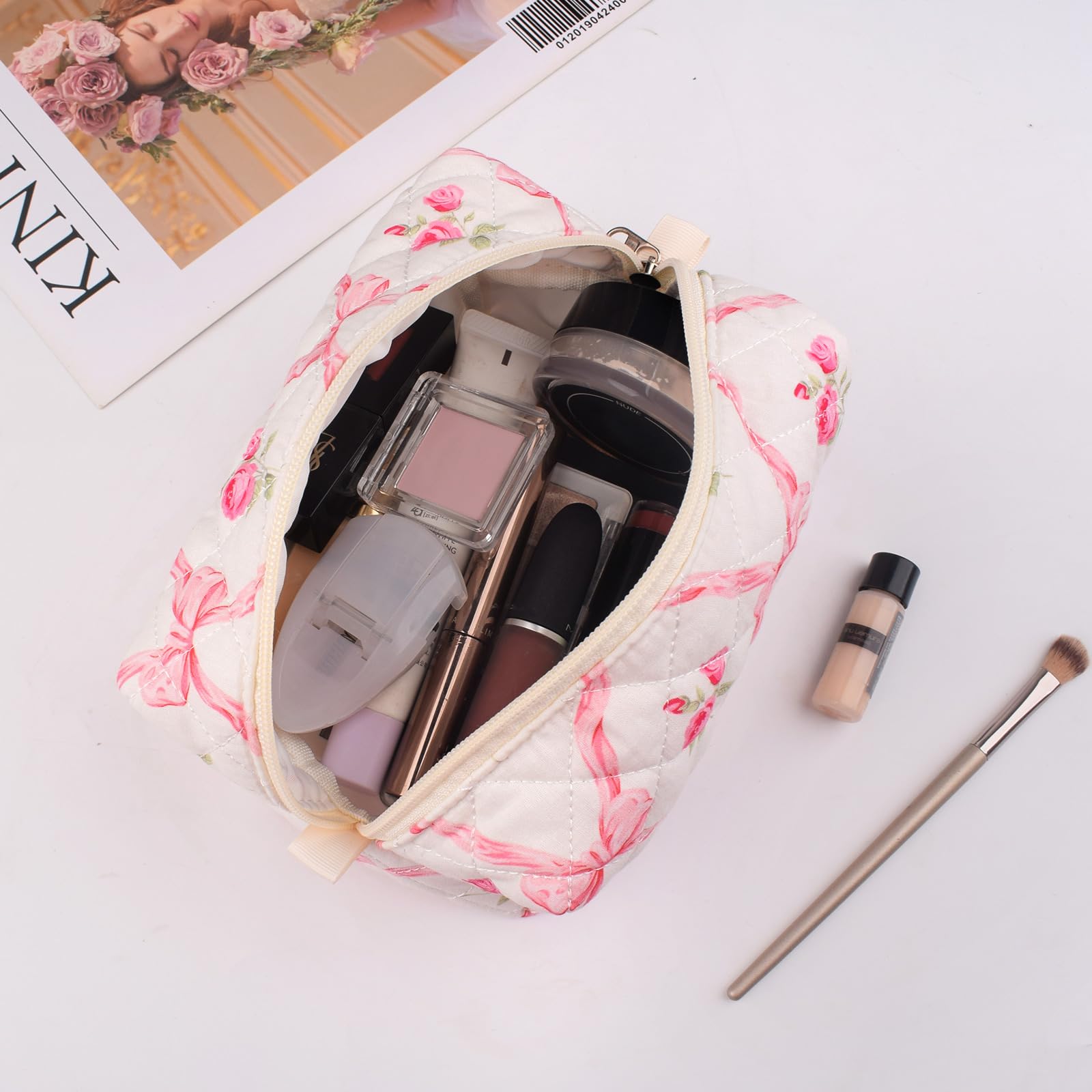 Quilted Makeup Bag for Women - Small Floral Travel Cosmetic Pouch with Brush Storage | Perfect for Travel, Gym & Daily Organizer | Cotton Makeup Organizer Bag