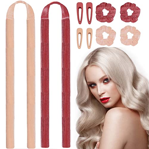 Miniluck Heatless Curling Rod Headband Set - 2 Pack No Heat Hair Curlers for Overnight Waves, Sleep Safe Hair Rollers for Long Hair with 4 Clips & 4 Scrunchies (Pink+Beige, Makeup Bag Style) | Perfect for Bedtime Styling, Travel & Damage-Free Curls