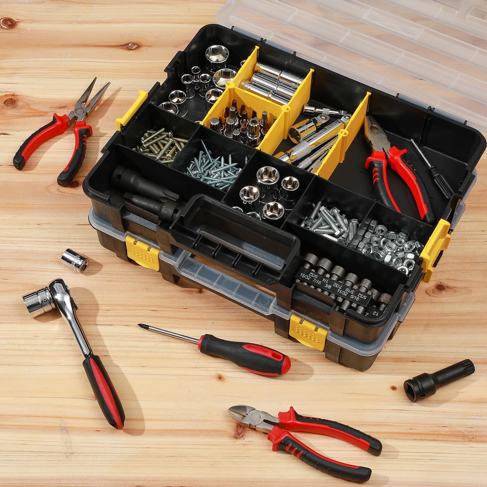 Mayouko Stackable Plastic Toolbox Organizer - Interlocking Small Parts Storage with Compartments for Screws, Nails & Hardware (2-Piece Set) - Perfect for Garage, Workshop & DIY Projects