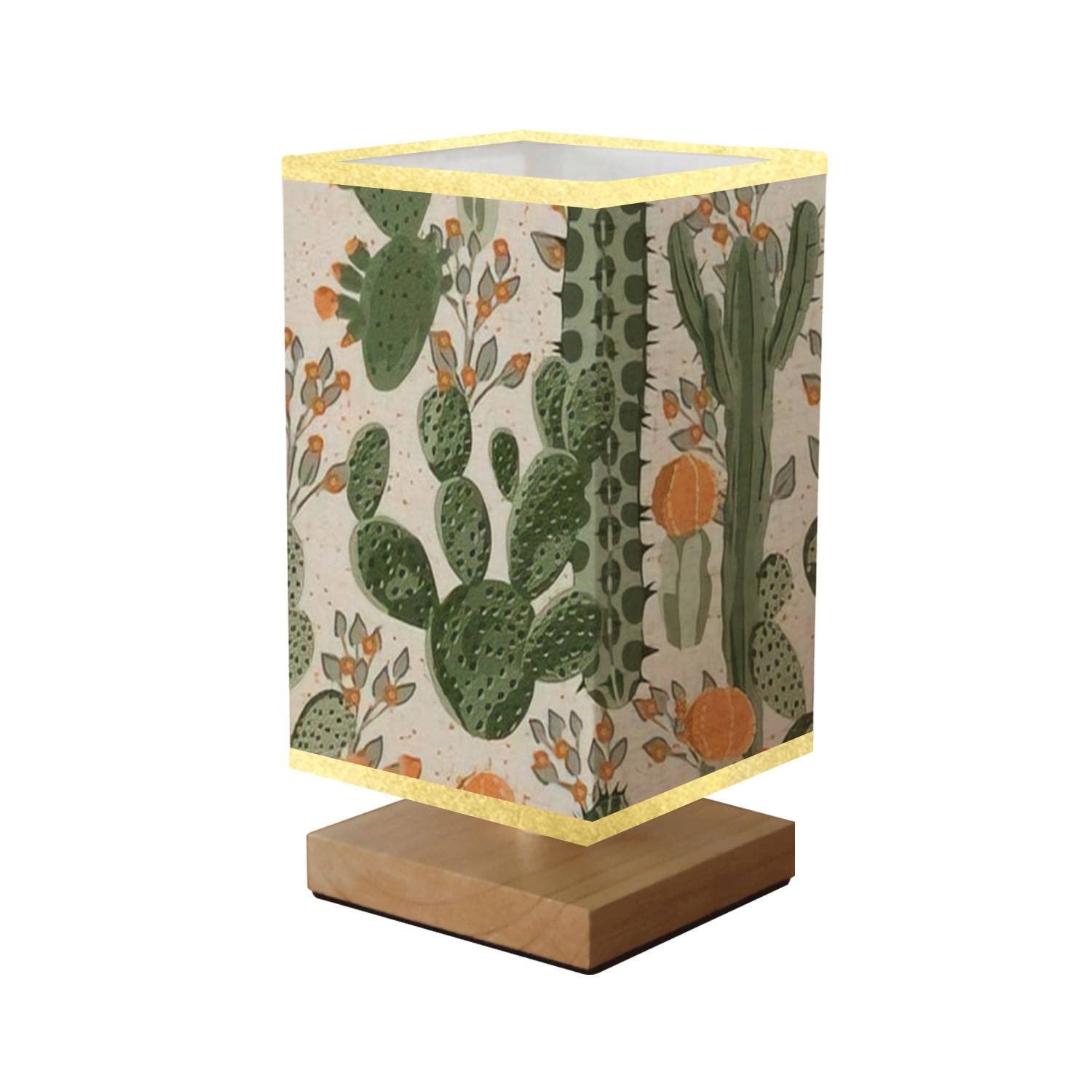 Dimmable Square Bedside Table Lamp with Green Succulent Cactus & Orange Flowers Design - Wooden Base & Flaxen Fabric Shade for Bedroom, Living Room, Office | Perfect Nightstand & Desk Lighting for Reading, Relaxing & Decor