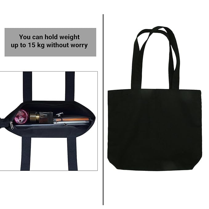 Premium Black Canvas Tote Bag for Women - Durable Zip Closure, Stylish Collage Design - Perfect for Shopping, Beach, Street Fashion & Everyday Use