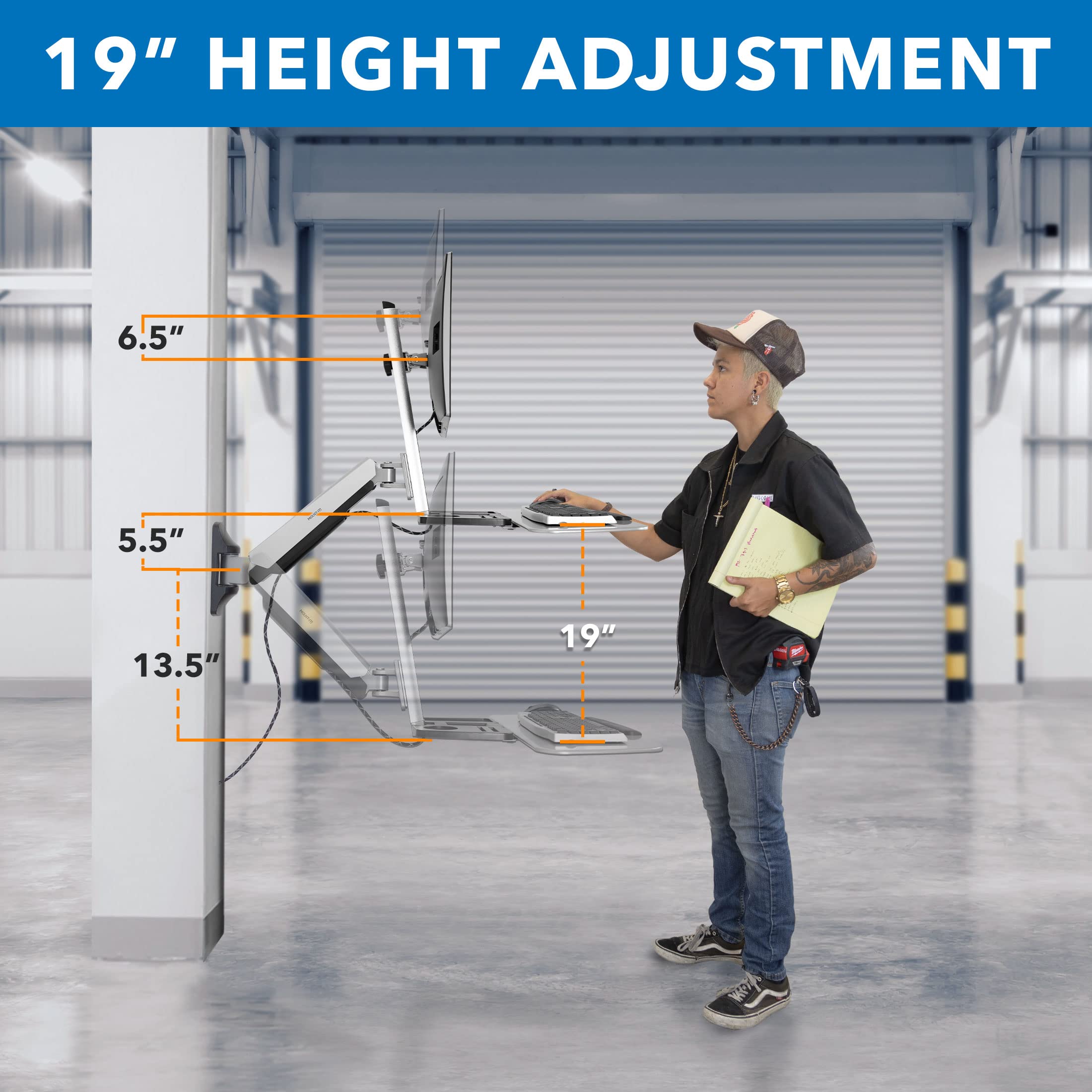 Mount-It! Adjustable Height Sit Stand Wall Mount Workstation - Ergonomic Computer Desk with Articulating Monitor Arm, Keyboard Tray & CPU Holder - VESA 75x75/100x100 (MI-7905) - Perfect for Home Office, Gaming Setup & Workspace Organization