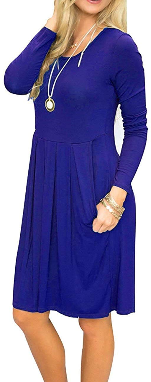 AUSELILY Women's Long Sleeve Pleated Swing Dress - Loose Casual Knee Length Dress with Pockets | 2025 New Trendy Outfit for Work, Date Night & Fall Season