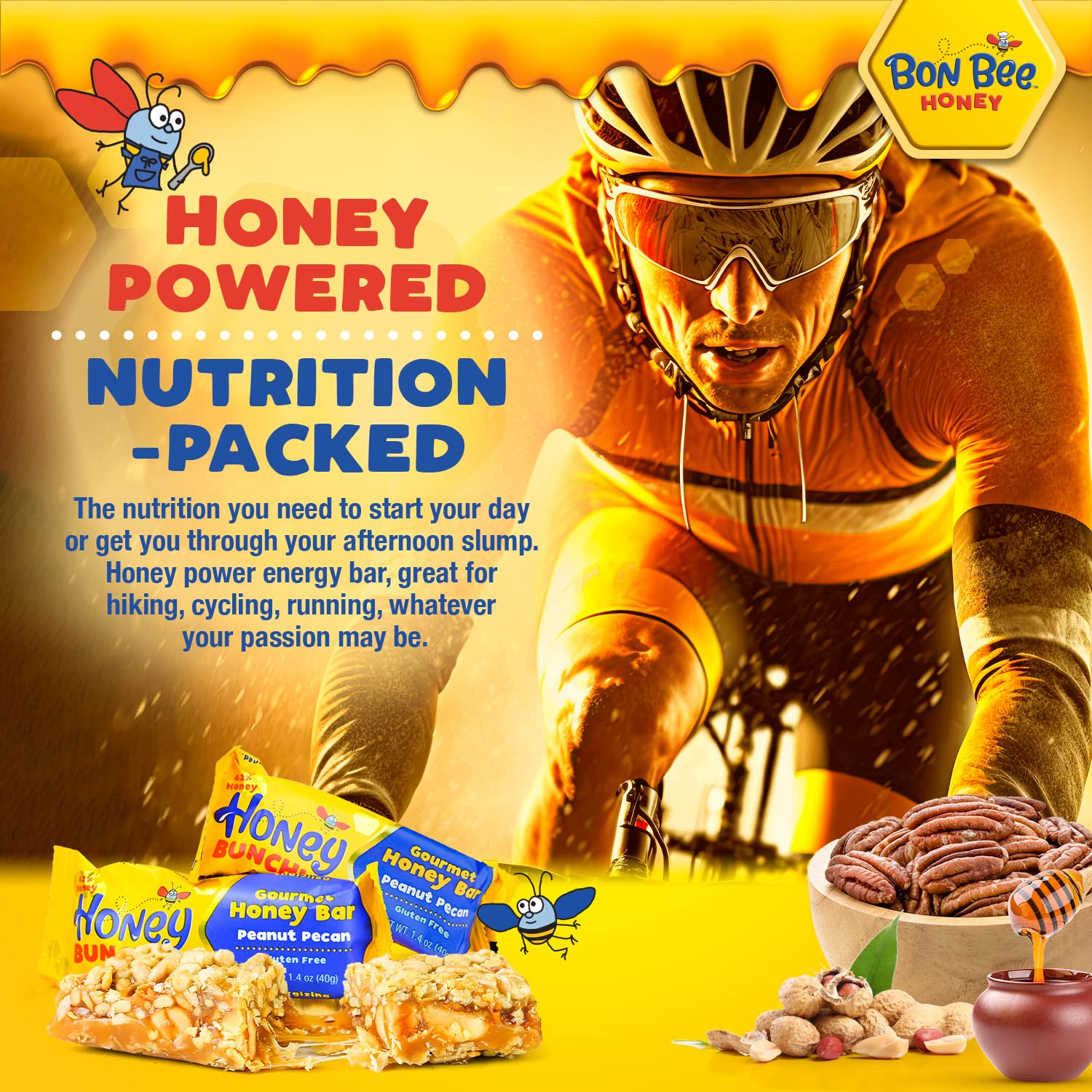 BON BEE Honey Bars - Natural Energy Snacks for Breakfast & Hiking - 12 Pack
