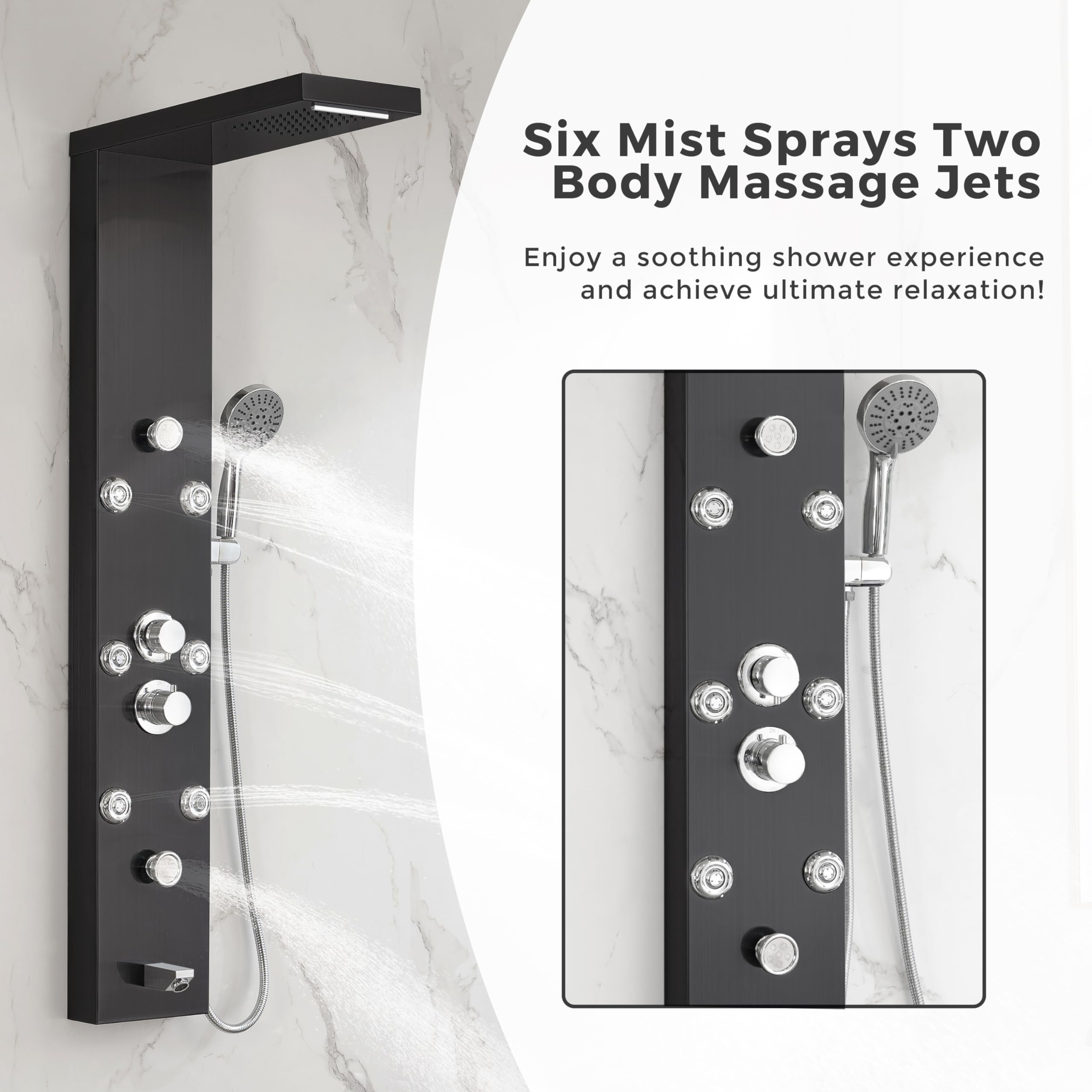 DELAVIN Stainless Steel Shower Panel Tower System - 5-Function Full Body Shower with Rainfall, Waterfall, Massage Jets, Tub Spout & Handheld Showerhead in Brushed Black | Perfect for Luxury Bathroom Renovation, Spa-Like Experience & Modern Home Upgrades