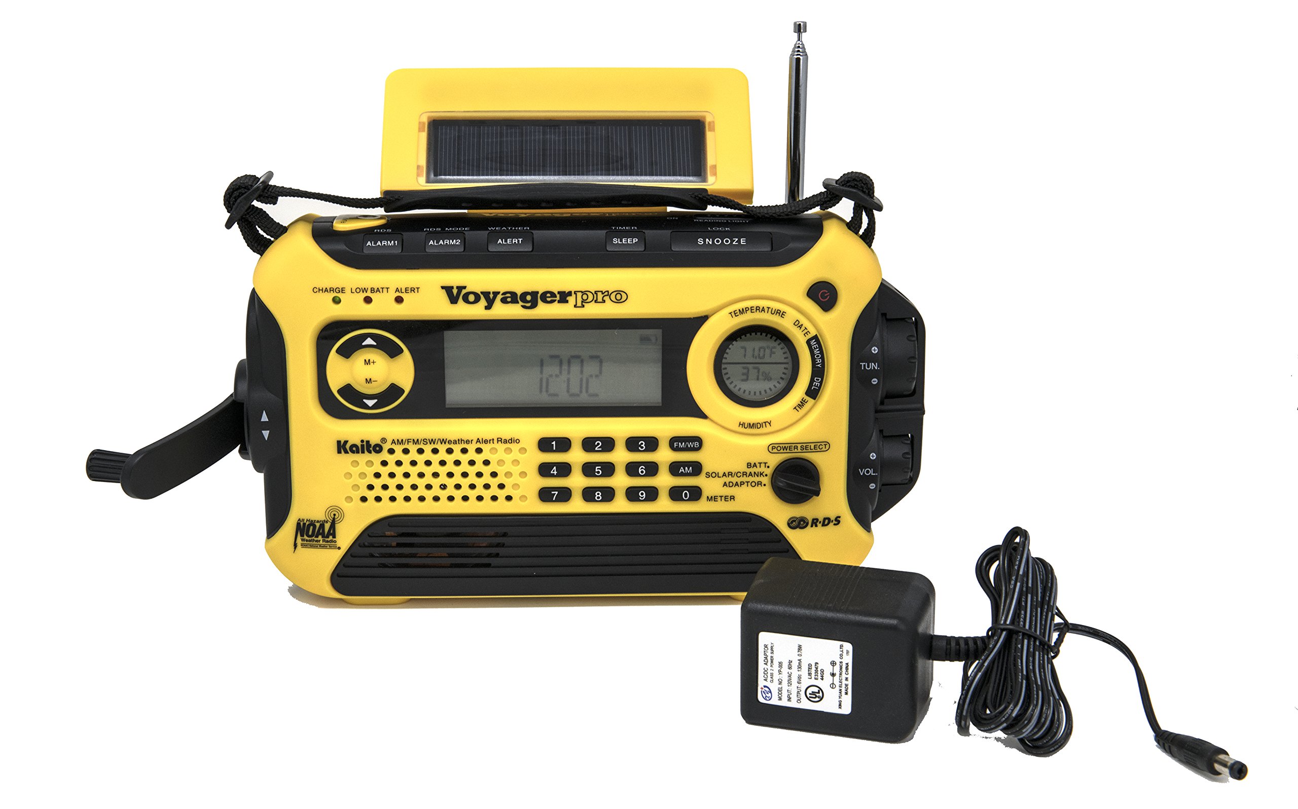 Kaito Voyager Pro KA600 Emergency Radio - Solar, Hand Crank & Dynamo Powered AM/FM/LW/SW/NOAA Weather Alert with RDS, Smartphone Charger & AC Adapter (Yellow) - Perfect for Camping, Hiking & Power Outages