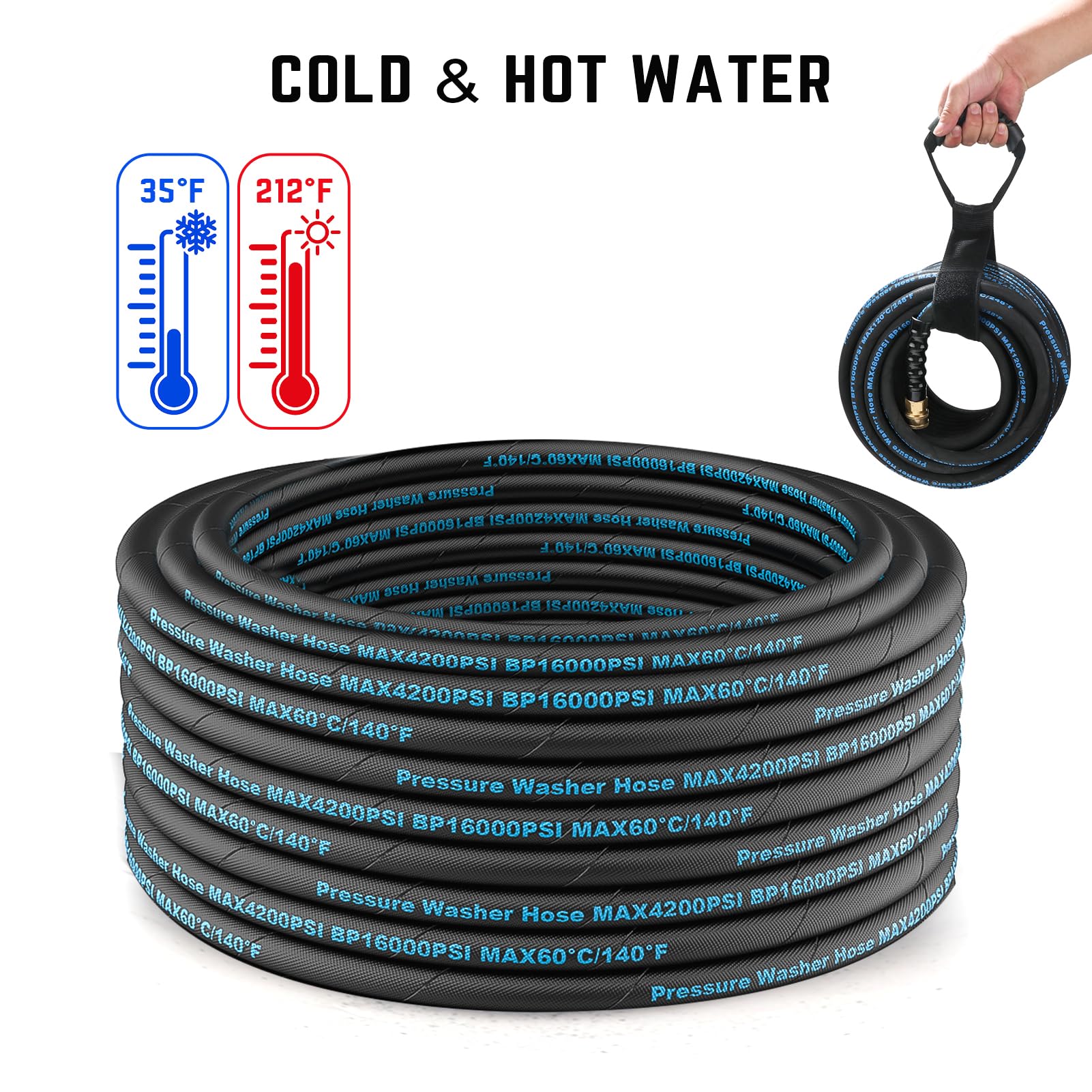 **100 Ft High Pressure Washer Hose - 3/8'' Quick Connect, 4200PSI Kink Resistant with M22-14mm Adapter - Heavy Duty Wire Braided for Hot & Cold Water - Perfect for Car Washing, Home Cleaning & Outdoor Power Washing**