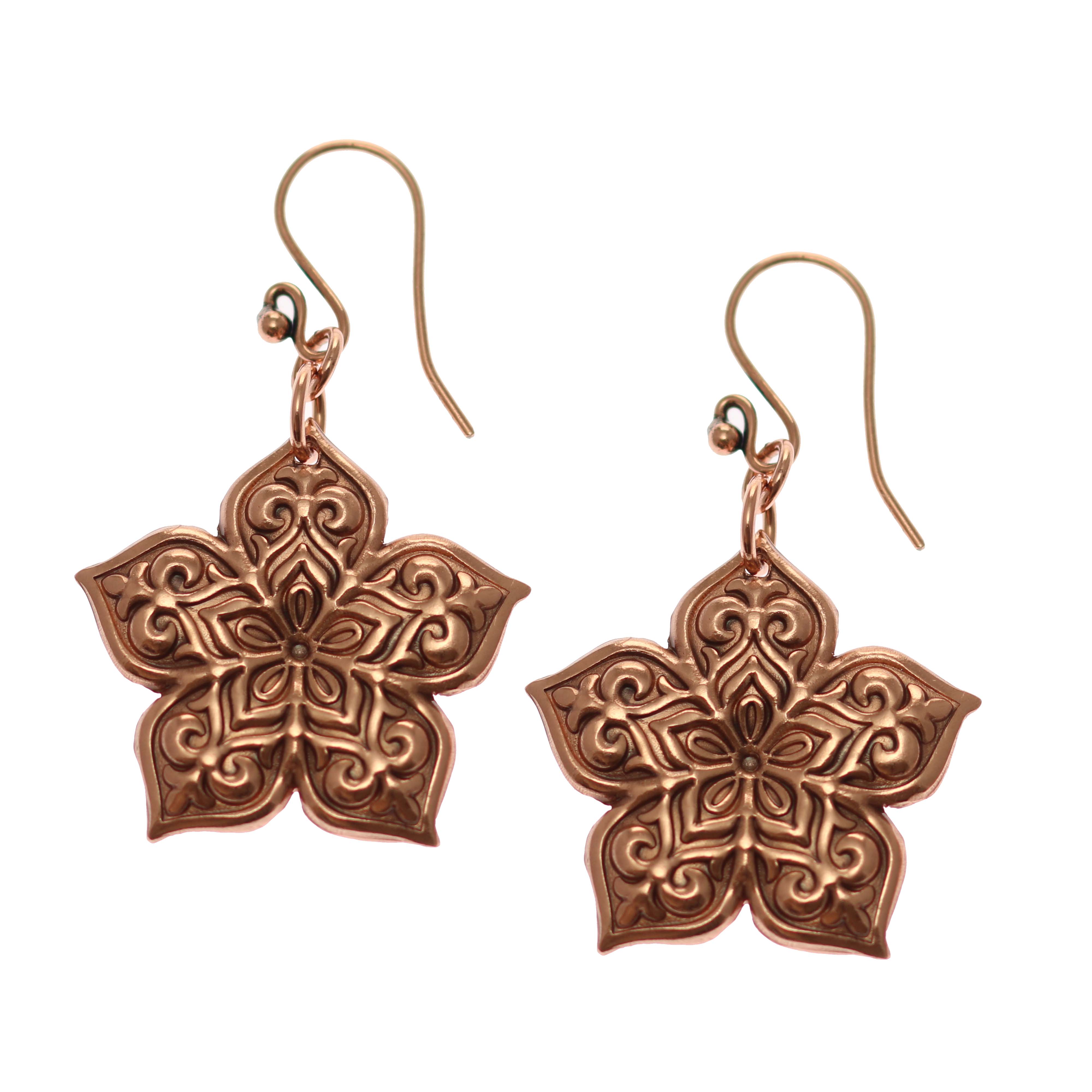Starflower Mandala Copper Drop Earrings for Women - Boho Ethnic Handmade Jewelry - Perfect for Festivals, Weddings & Everyday Wear