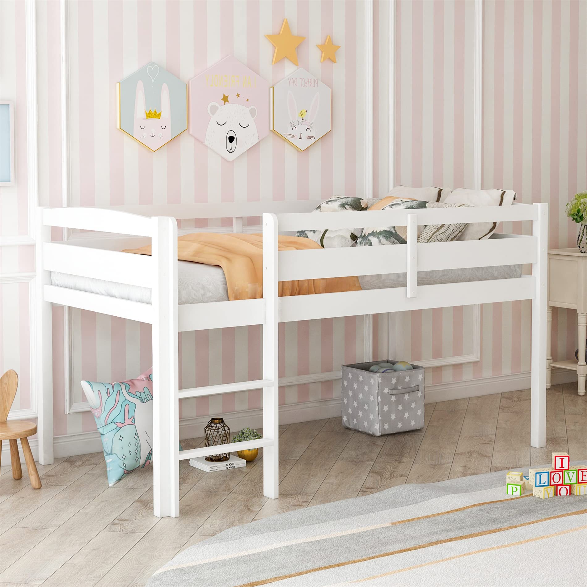 Harper & Bright Designs Low Loft Bed Twin Size - Sturdy Wooden Loft Bed Frame with Ladder & Safety Guardrails for Kids, Teens & Toddlers (White) - Perfect for Small Bedrooms, Dorms & Space-Saving Kids' Rooms
