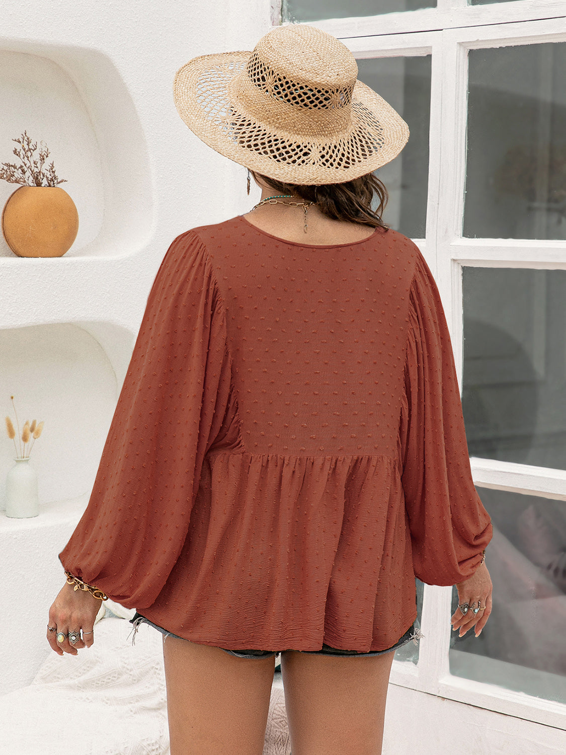 Plus Size Swiss Dot Tie Neck Long Sleeve Blouse for Women - Elegant Office Wear & Casual Outfit - Flowy Work Shirt for Business, Dating & Special Occasions