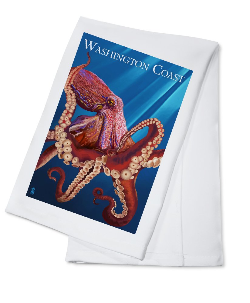 Washington Coast Red Octopus Tea Towel - 100% Cotton Decorative Hand Towel for Kitchen, Home Decor & Gifts | Perfect for Dish Drying, Wall Art & Coastal Themed Decorations