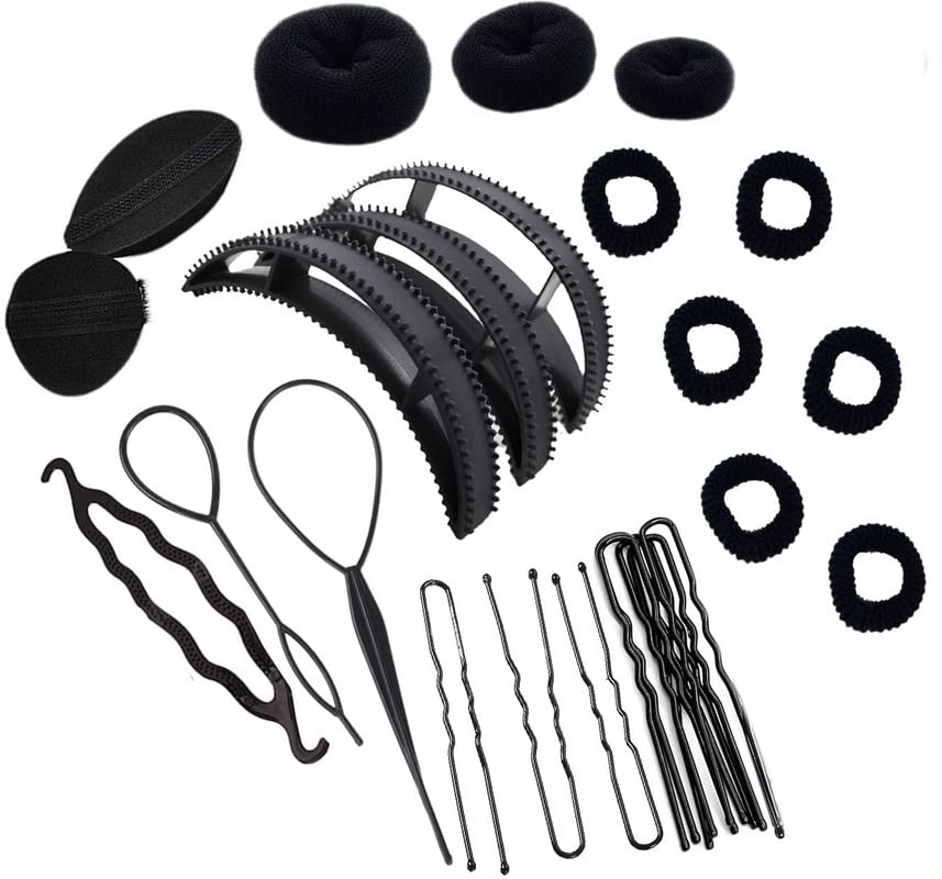 CHANDERKASH Hair Styling Kit - 3 Donut Bun Makers, 1 Braid Maker, 1 Volumizer Tool, 6 Hair Rubber Bands, 10 U-Pins & 1 Hair Puff (25pcs) - Perfect for Updos, Ponytails & Special Occasions