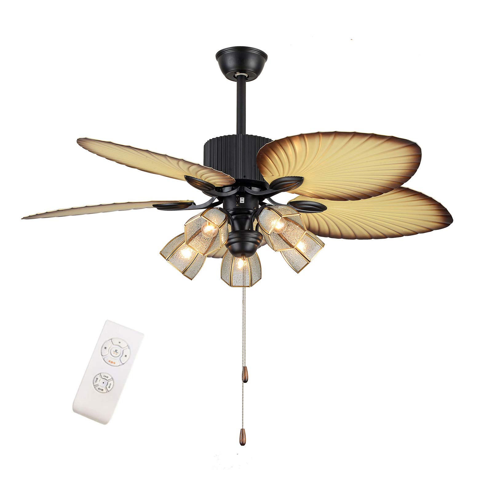 Eapmic 52-Inch Tropical Ceiling Fan with Sunset Bowl Light - 5 Hand-Carved Wooden Leaf Blades, Outdoor/Indoor Use - Perfect for Dining Room, Bedroom, Patio & Porch (5-Light, Style 2) | Durable & Stylish Cooling Solution for Home & Outdoor Spaces