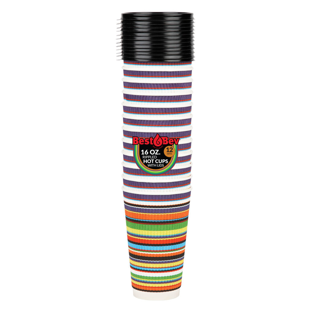 Eco-Friendly Insulated Ripple Color Striped Paper Coffee Cups with Lids - 12oz Hot/Cold Beverage Containers for Office, Cafe, and Home Use