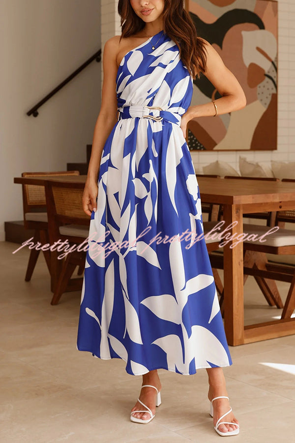 Unique Print Sleeveless One Shoulder Belted Maxi Dress for Women - Summer Beach Party, Evening Cocktail & Special Occasion Outfit