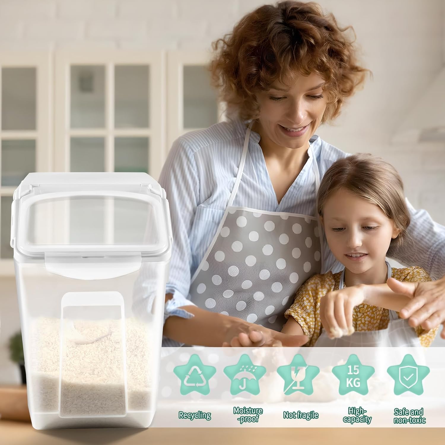 3-Pack 30 Lb/15L Large Plastic Rice Storage Containers - Airtight Moisture Proof Food Buckets for Grains, Flour & Pet Food - Perfect for Kitchen Pantry Organization & Bulk Food Storage