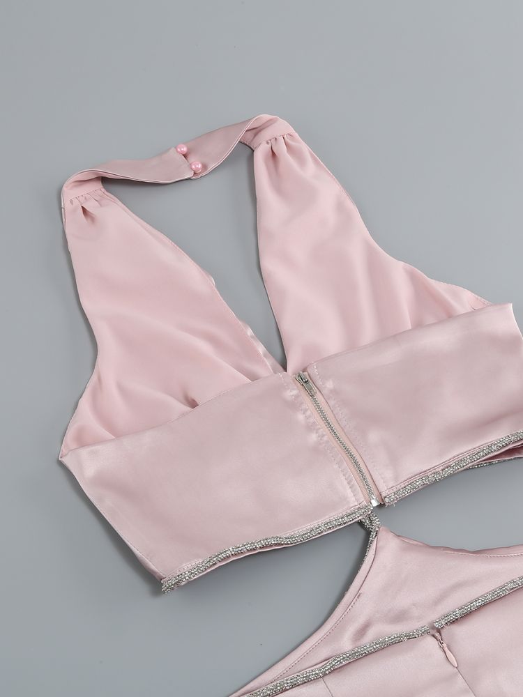 Pink Satin Mini Dress with Crossover Cutout Design - Perfect for Evening Parties, Date Nights & Special Occasions