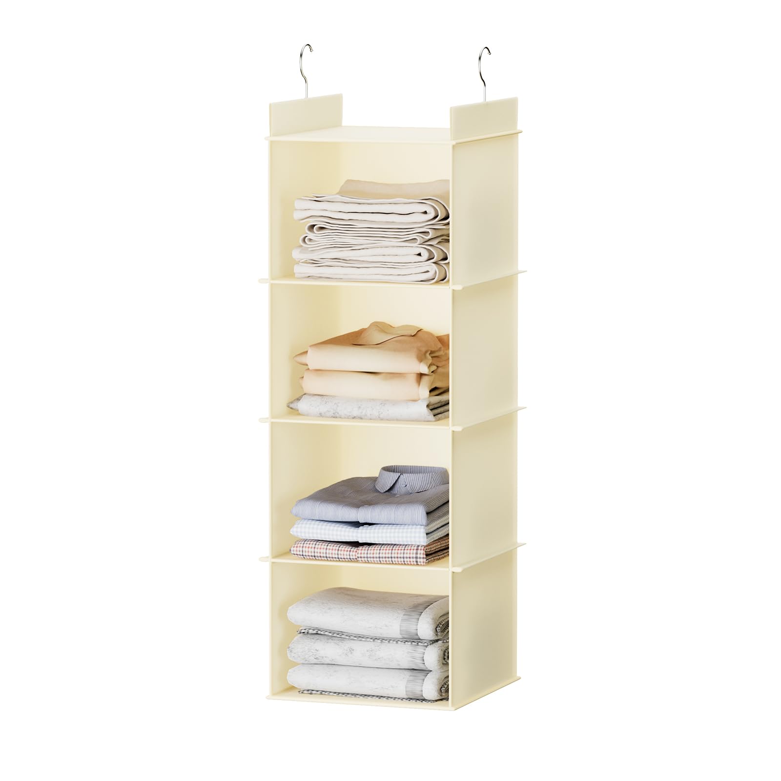 4-Shelf Hanging Closet Organizer - Space Saving Storage for Clothes, Shoes & Accessories - Beige Fabric Shelves for Bedroom, Dorm & Small Spaces