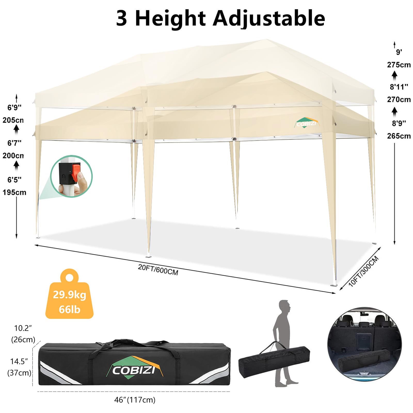 COBIZI 10x20 Pop Up Canopy Tent with 6 Sidewalls - Waterproof Outdoor Event Shelter, Instant Gazebo Sun Shade for Parties, Beach, Camping & Commercial Use | Portable 10'x20' Khaki Canopy for Backyard, Tailgating & Farmers Markets