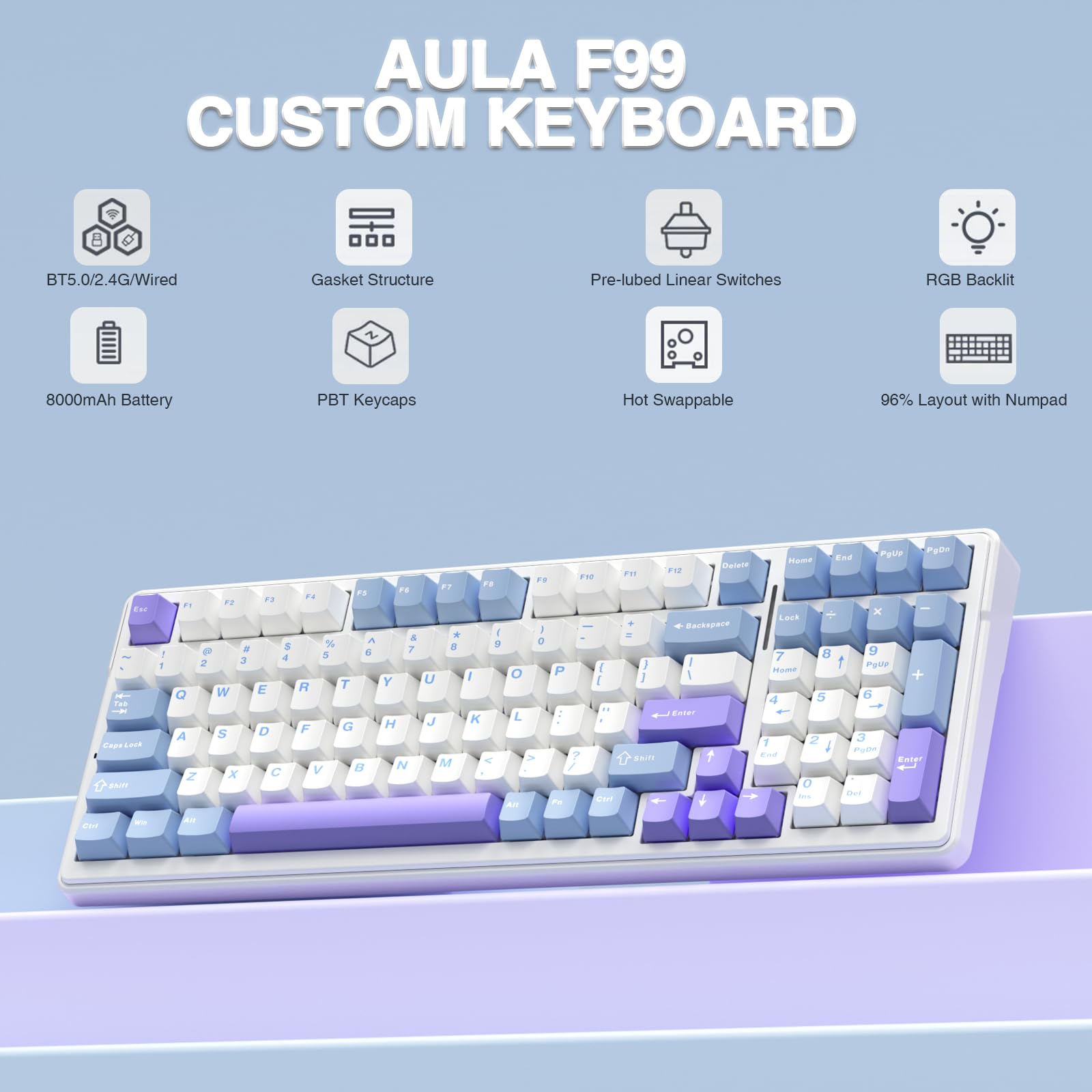 AULA F99 Wireless Mechanical Keyboard - Tri-Mode RGB Gaming for PC/Tablet/Console