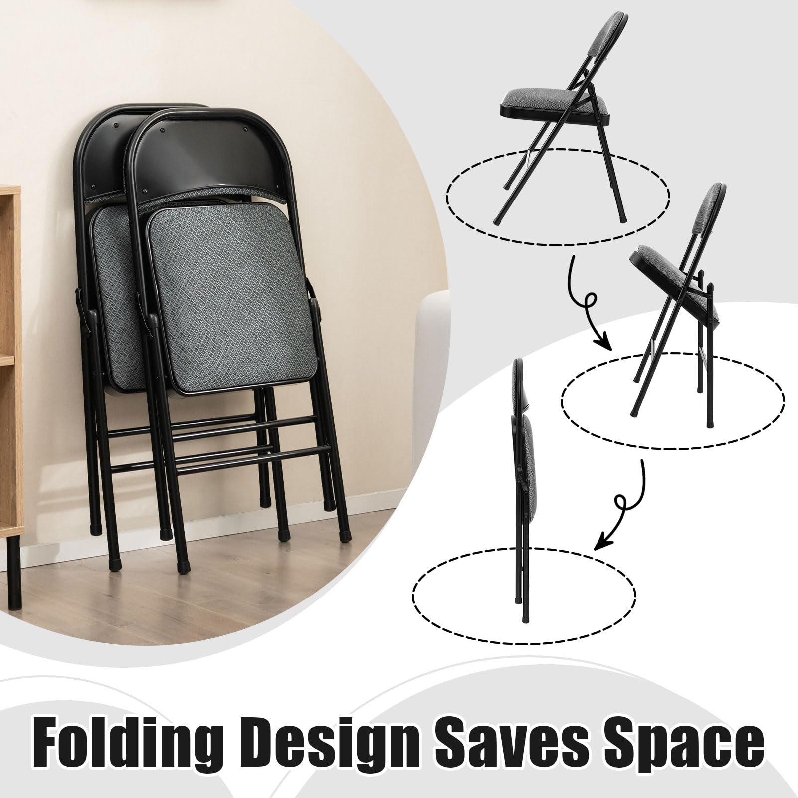 Casart 4-Pack Folding Chairs - Portable Dining Chairs with Padded Seat & Back, Sturdy Metal Frame - Foldable Guest Chairs for Home, Office, Party, Event & Conference Room (Grey & Black) - Perfect for Indoor & Outdoor Gatherings, Camping & Extra Seating