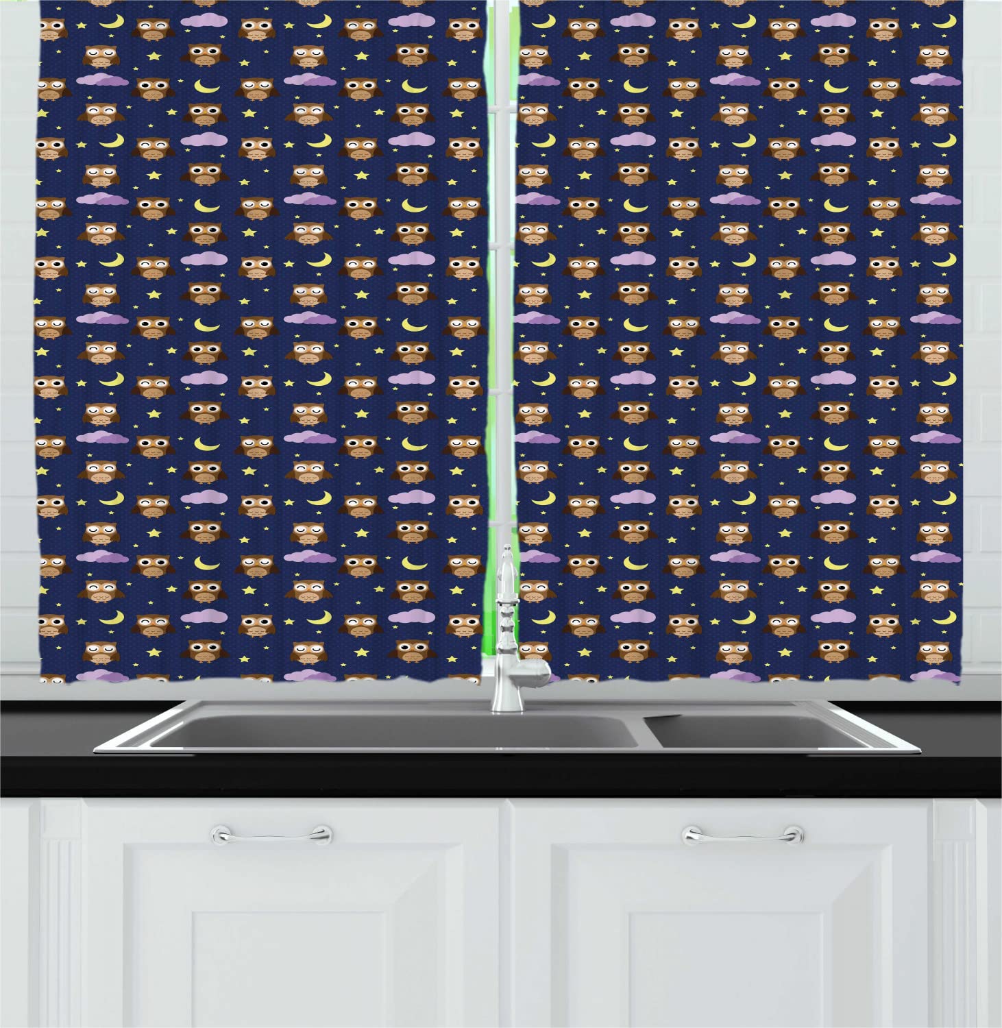 Ambesonne Owl Starry Night Kitchen Curtains - 2 Panels with Rod Pocket, 55