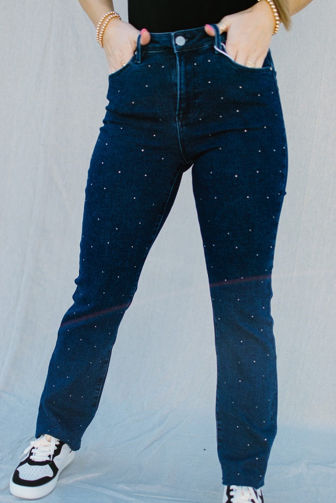 Stylish Dark Wash Rhinestone Embellished Jeans for Women - Trendy High Waist Skinny Denim Pants - Perfect for Night Out, Party, and Casual Wear