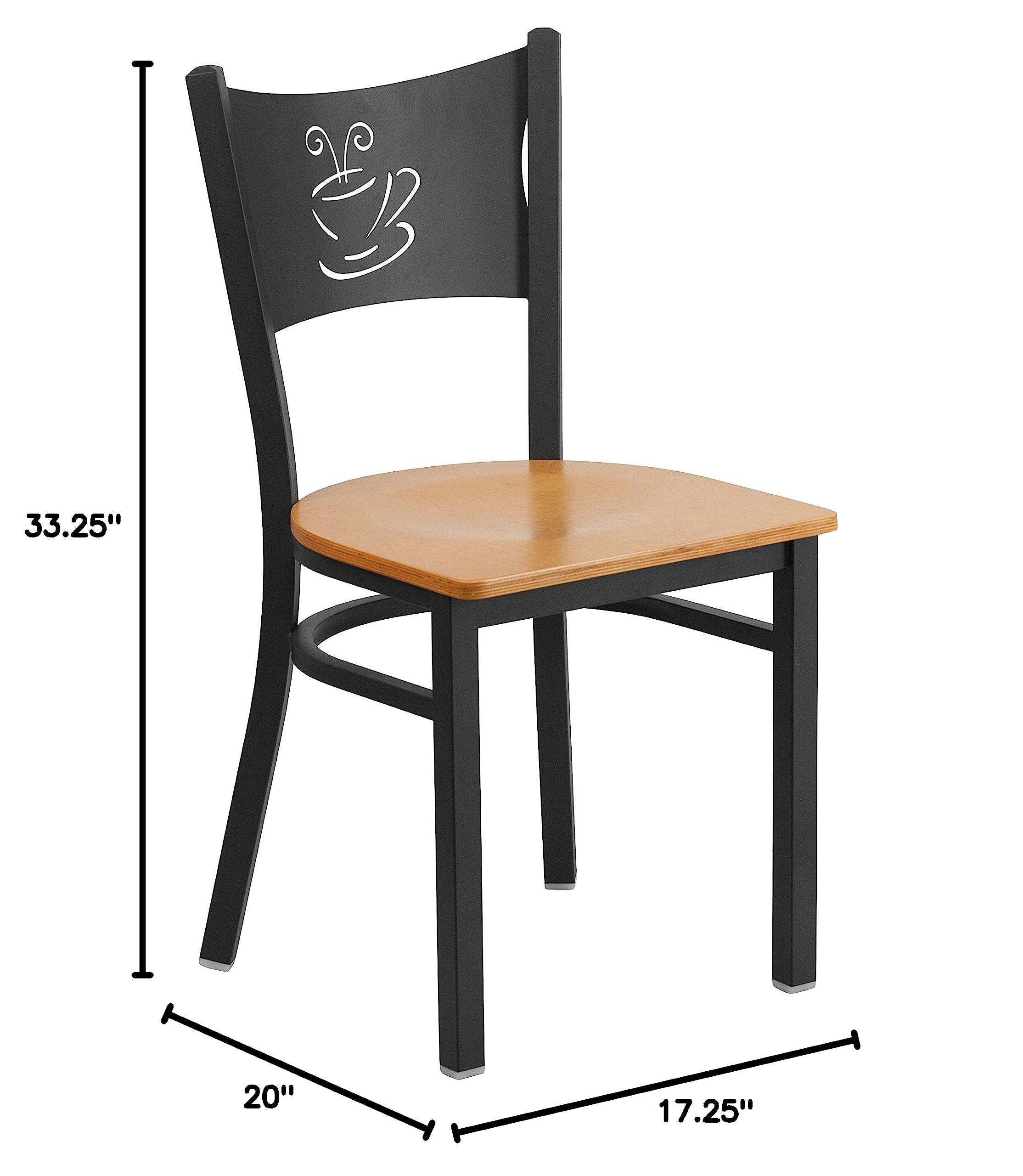 EMMA + OLIVER Black Coffee Metal Restaurant Chair with Natural Wood Seat - Modern Cafe Bistro Dining Chairs for Restaurant, Coffee Shop, and Home Kitchen Use