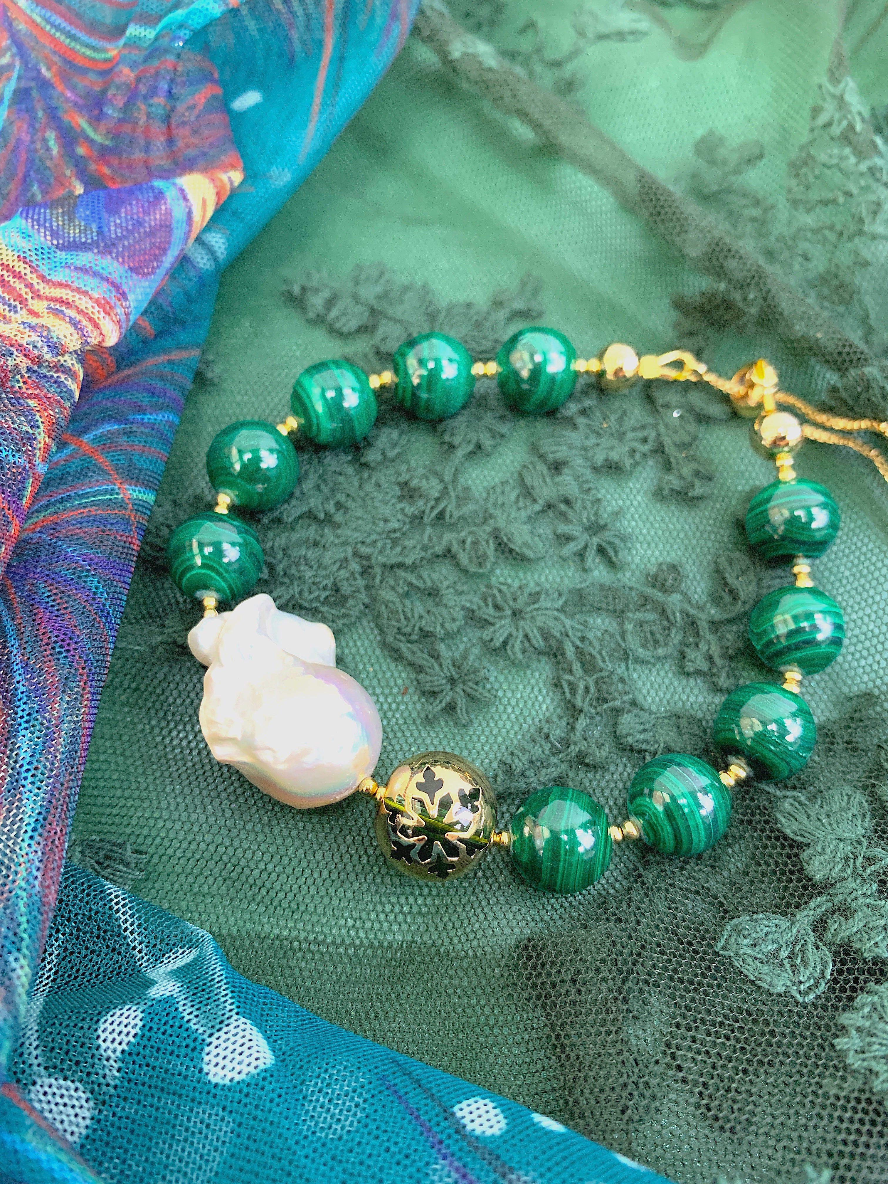 Malachite & Baroque Pearl Adjustable Bracelet HB009 | Handmade Gemstone Jewelry for Women | Perfect for Boho Style & Everyday Wear