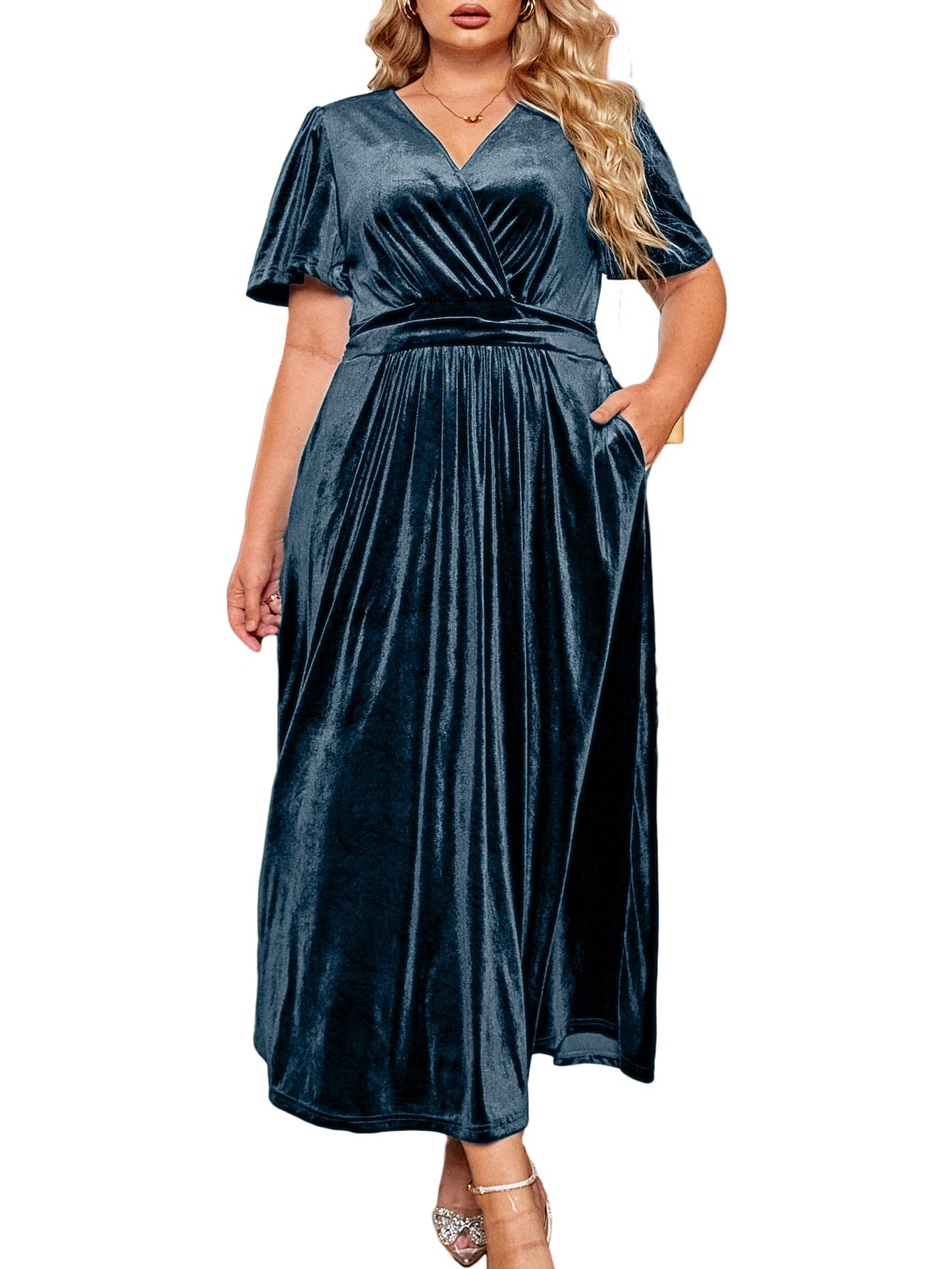 BerryGo Women's Plus Size Velvet Formal Dress for Wedding Guest - High Waisted Maternity Maxi Dress with V Neck & Short Sleeve - Elegant Slit Design for Parties, Evening Events & Special Occasions