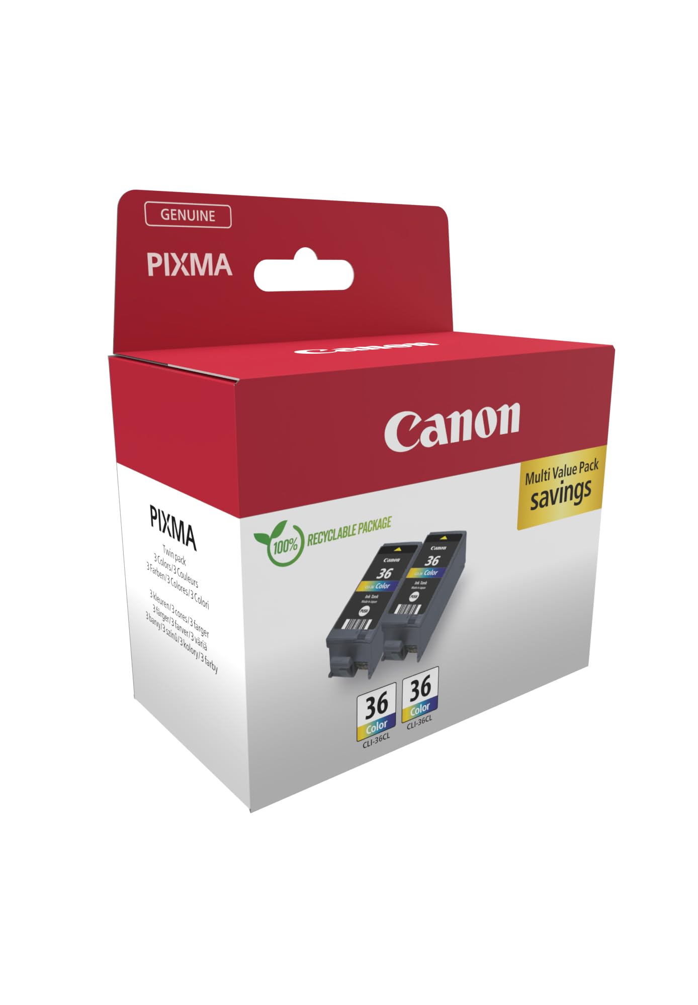 Genuine Canon CLI-36 TWIN Pack - 2 Color Ink Cartridges (Recycled Cardboard Multipack) | High-Quality Printing for Photos, Documents & Art Projects