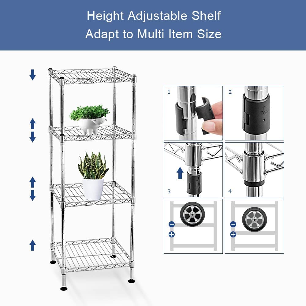 4-Tier Heavy Duty Steel Wire Shelving Unit - Adjustable Storage Rack for Laundry, Bathroom, Kitchen, Pantry & Closet (Black, 14