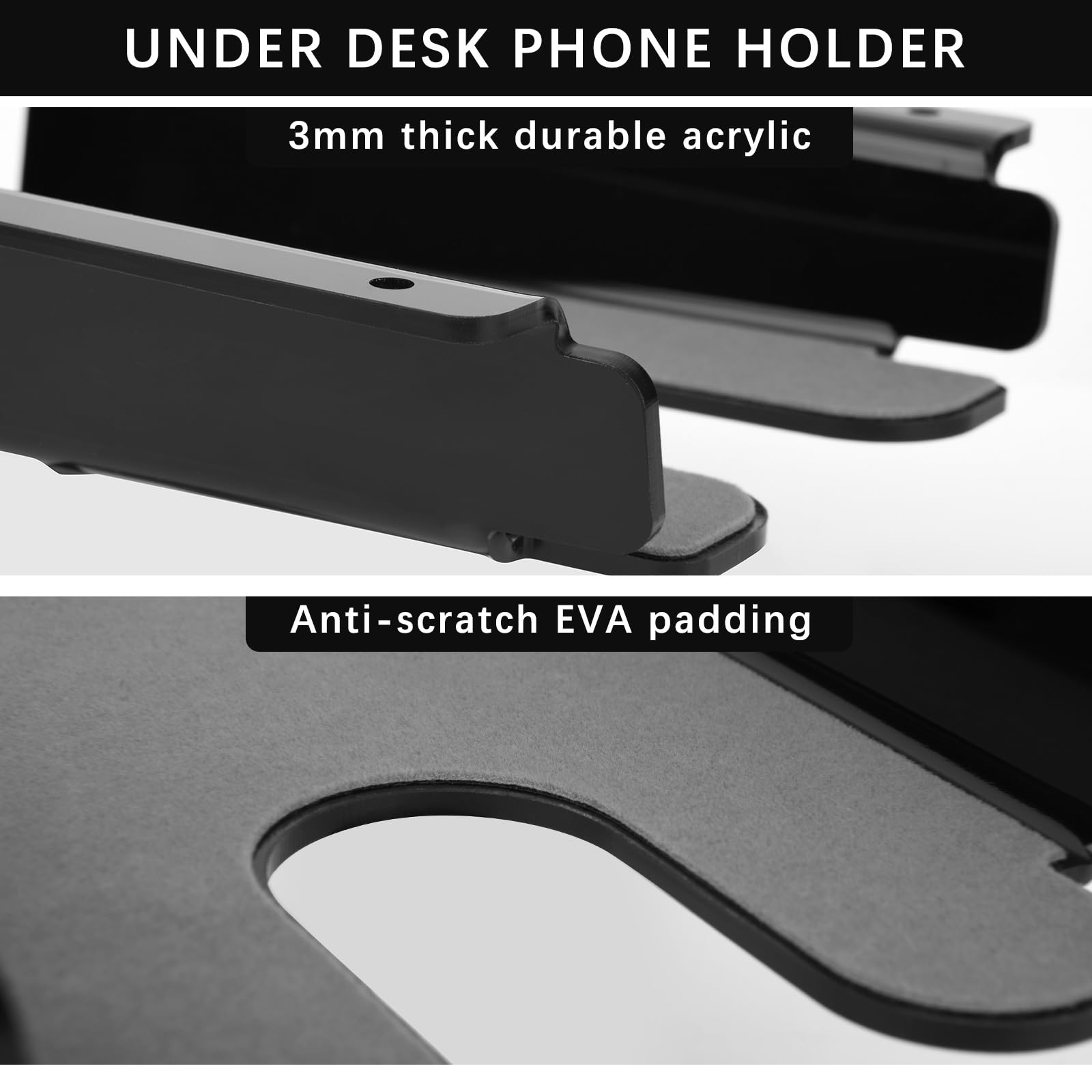 Under Desk Storage Shelf for Phone - Acrylic Under Desk Mount Phone Holder for Office & Workstations - Hidden Space-Saving Smartphone Organizer - Black - Perfect for Home Office & Workspace Organization