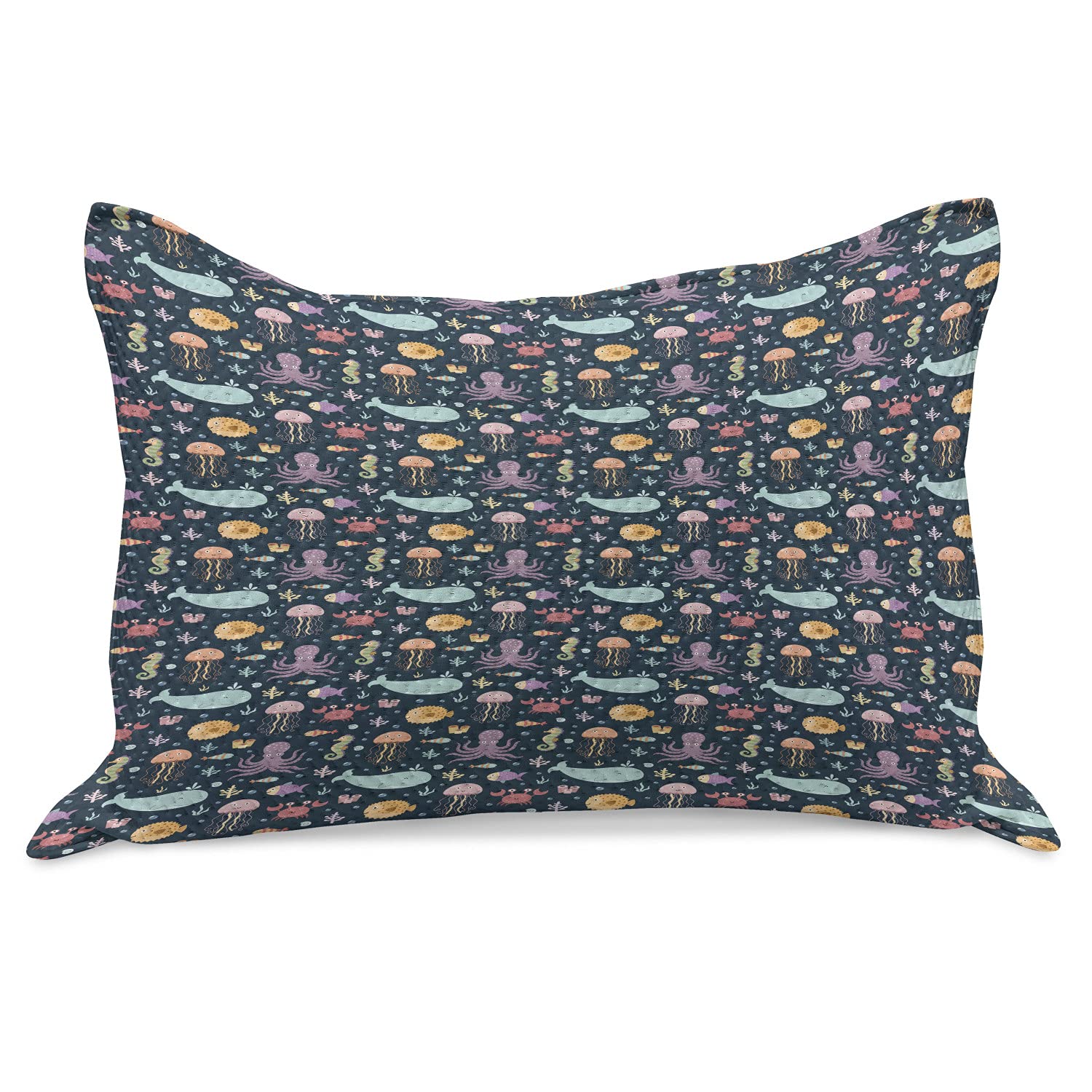 Ambesonne Cartoon Knitted Quilt Pillow Cover - Colorful Jellyfish, Whale, Octopus & Crab Ocean Theme - Standard King Size 36