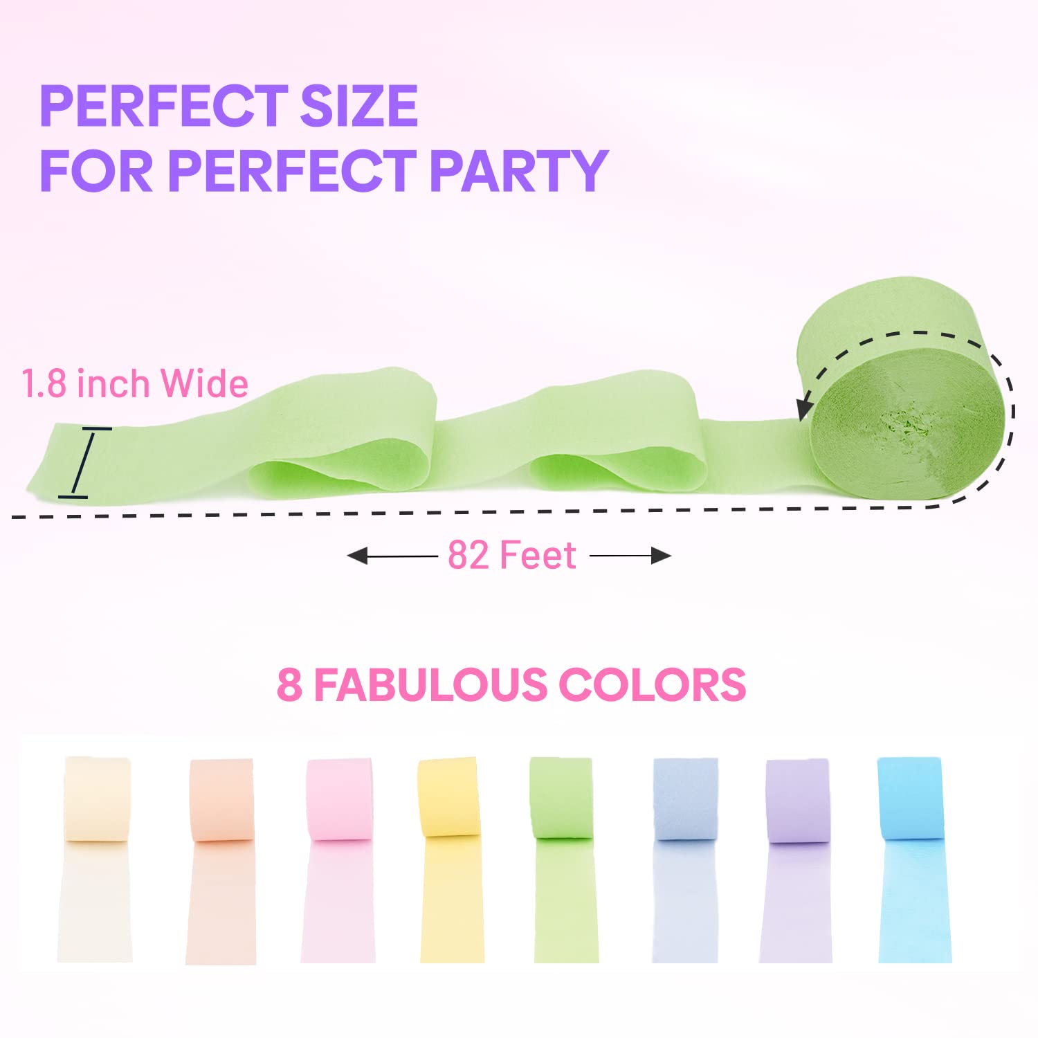 8 Pastel Streamers - 656ft Pack of Pastel Birthday Party Decorations, Rainbow Party Supplies, Wedding Backdrop Decor (1.8