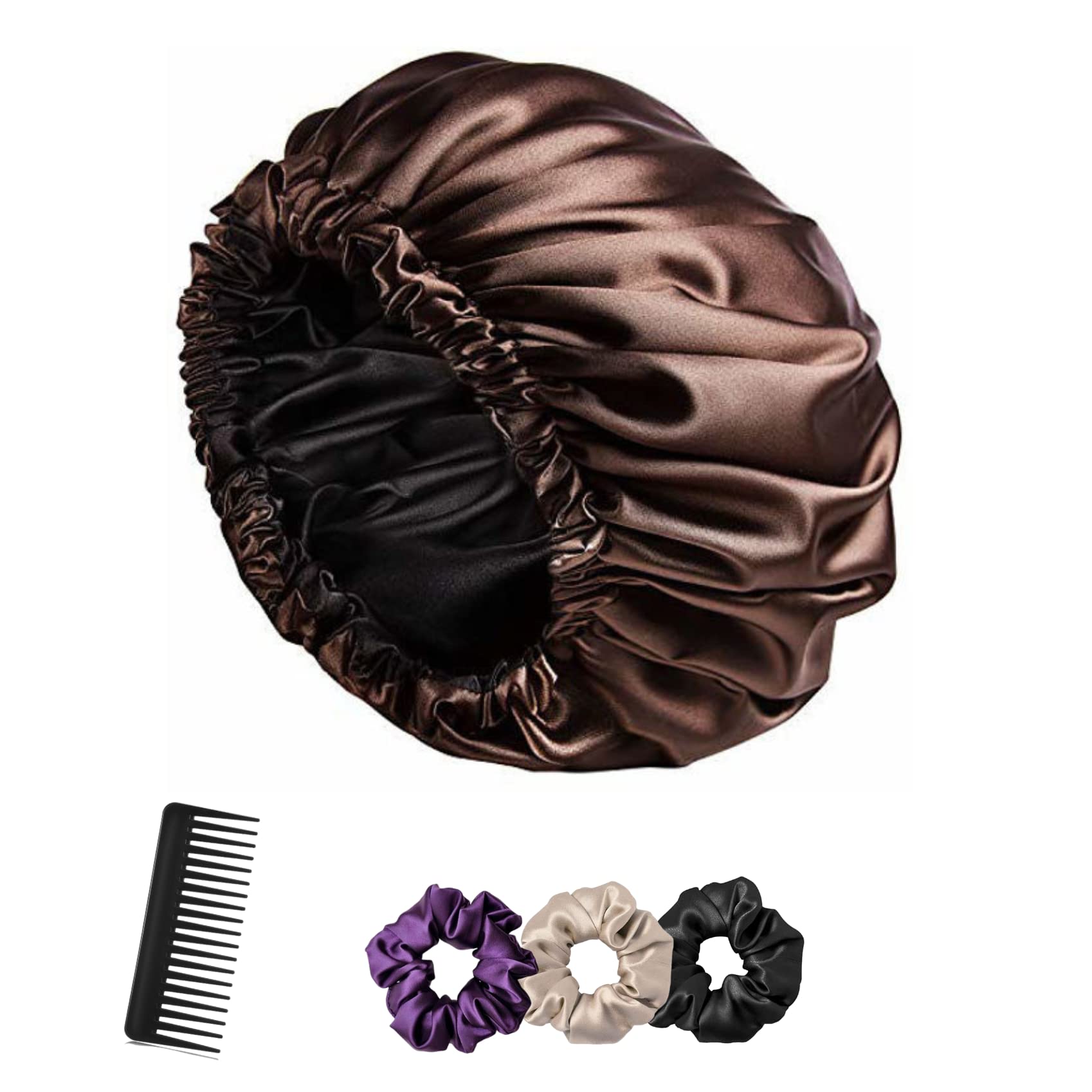 Atrube Satin Silk Bonnet for Hair with 3 Satin Scrunchies - Adjustable Reversible Silk Hair Cap for Sleeping & Curly Hair Protection - Perfect for Nighttime Hair Care & Travel Accessories
