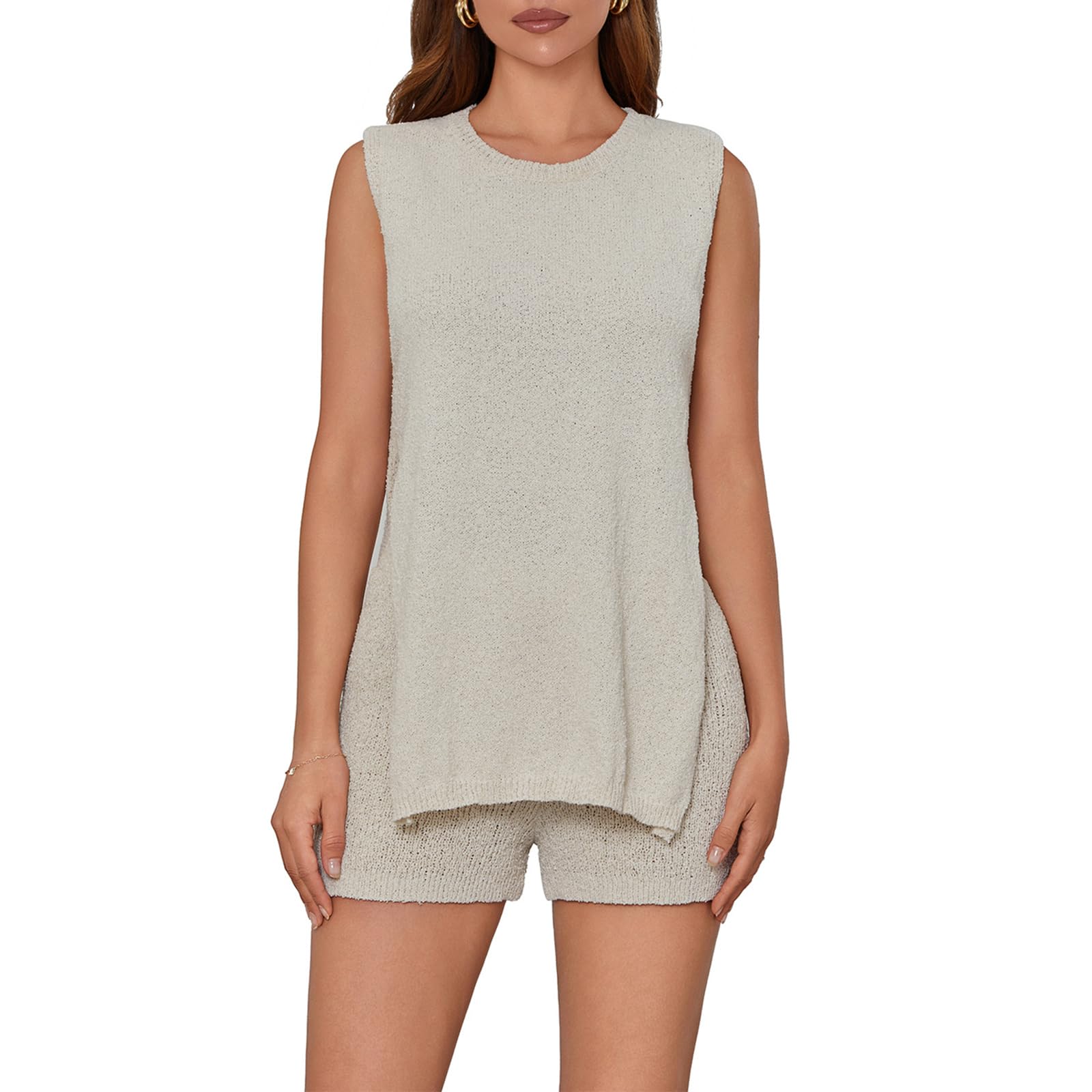 Seyurigaoka Women's 2 Piece Sweater Shorts Set - Sleeveless Knit Tank Top & Matching Shorts - Summer Lounge Outfit for Home, Beach & Vacation