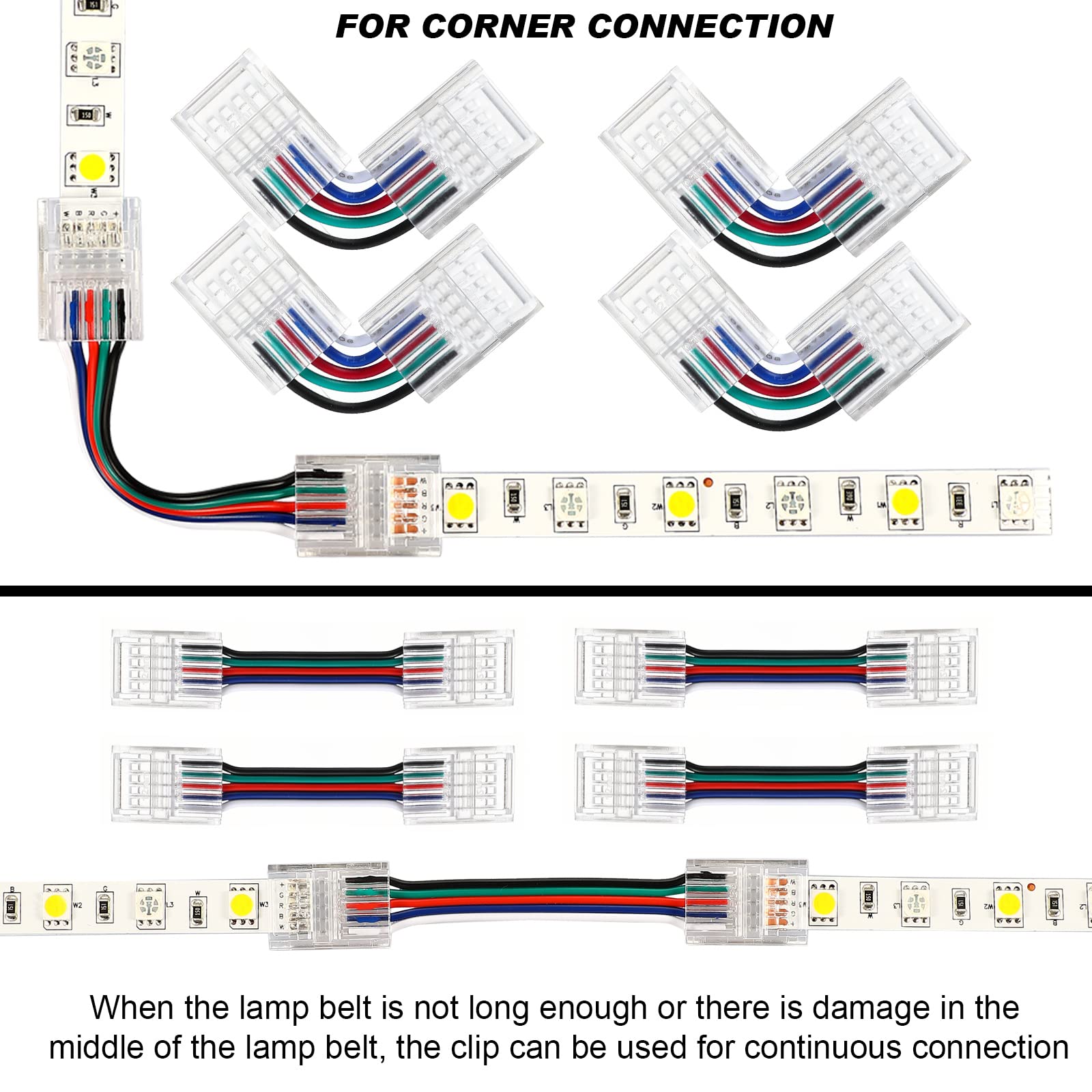 10 Pack 5 Pin RGBW LED Strip Connector Kit - Solderless Waterproof Transparent Connectors for LED Light Strips (16.4ft Extension Cable & Screwdriver Included) - Perfect for Home Theater, Gaming Setup, and DIY Lighting Projects