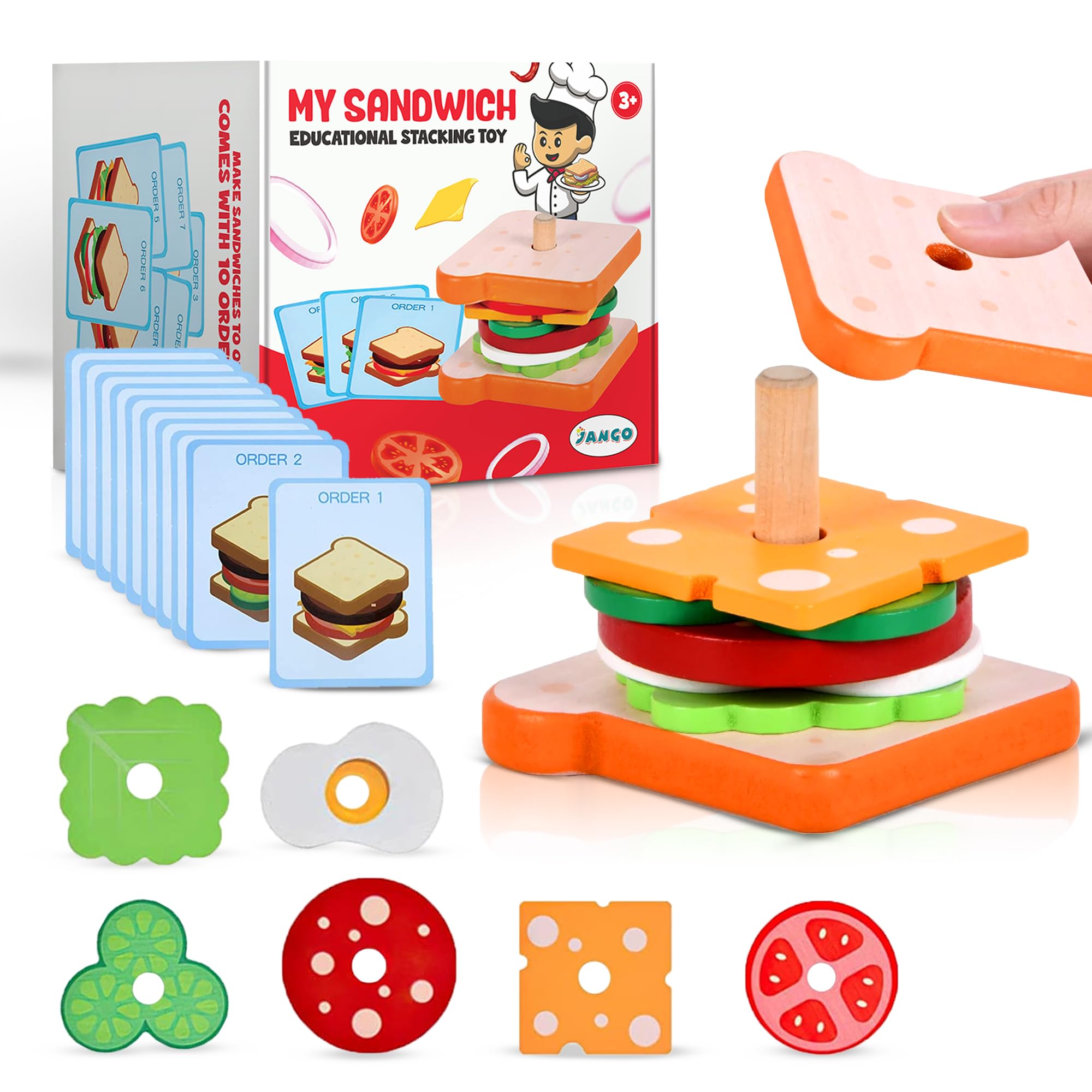 Montessori Wooden Stacking Toys for Toddlers - Burger Sandwich Set for 3 Year Old Kids | Educational Learning Toys for Fine Motor Skills Development | Preschool Play Food for Imaginative Kitchen Role Play