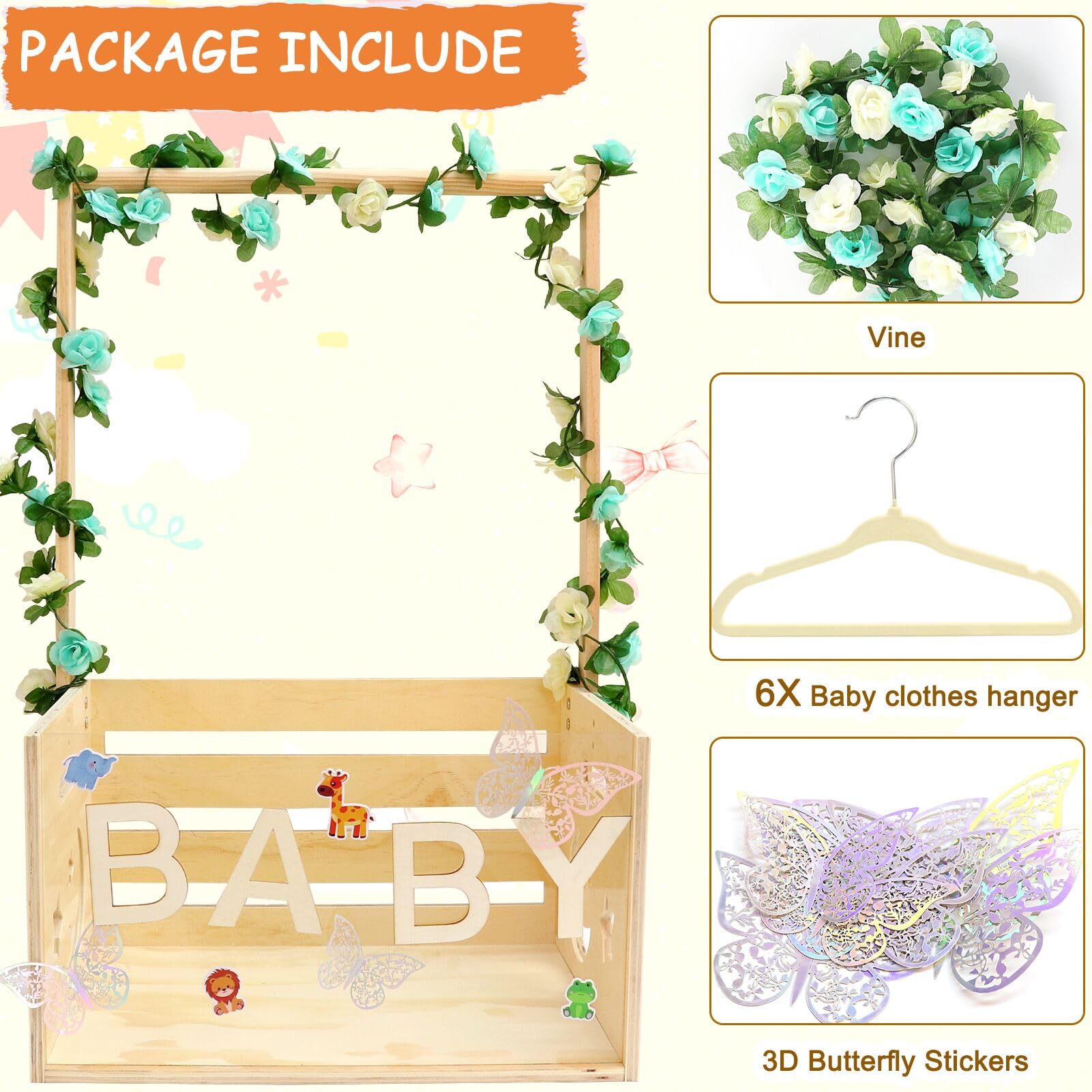 Custom Wooden Baby Shower Gift Crate with Hanger Rack - Personalized Nursery Storage Organizer for Newborns - Perfect Baby Shower Gift Basket for New Parents - Ideal for Nursery Decor & Baby Clothes Organization