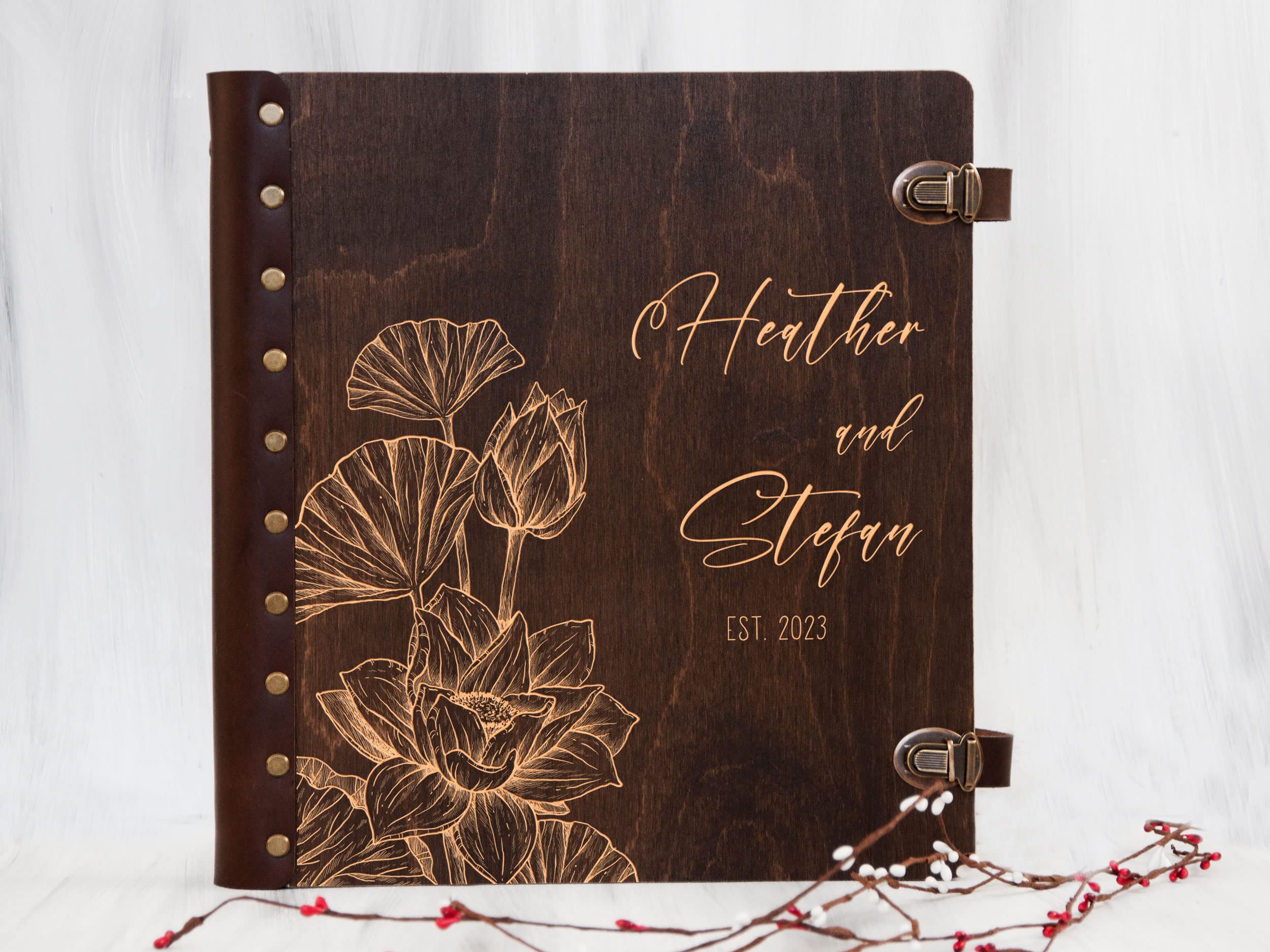 Personalized Wooden Photo Album Scrapbook - Handmade Rustic DIY Wedding Anniversary Engagement Photo Book with Floral Design (Style 5) | Unique Christmas Gift for Family, Couples & Friends | Perfect for Memory Keeping, Home Decor, and Special Occasions