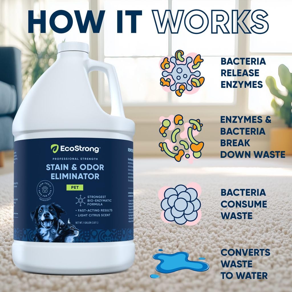 Eco Strong Pet Stain & Odor Eliminator - Enzyme Cleaner for Cat & Dog Urine - 128oz | Removes Tough Stains & Odors from Carpets, Floors & Furniture | Safe for Pets & Kids