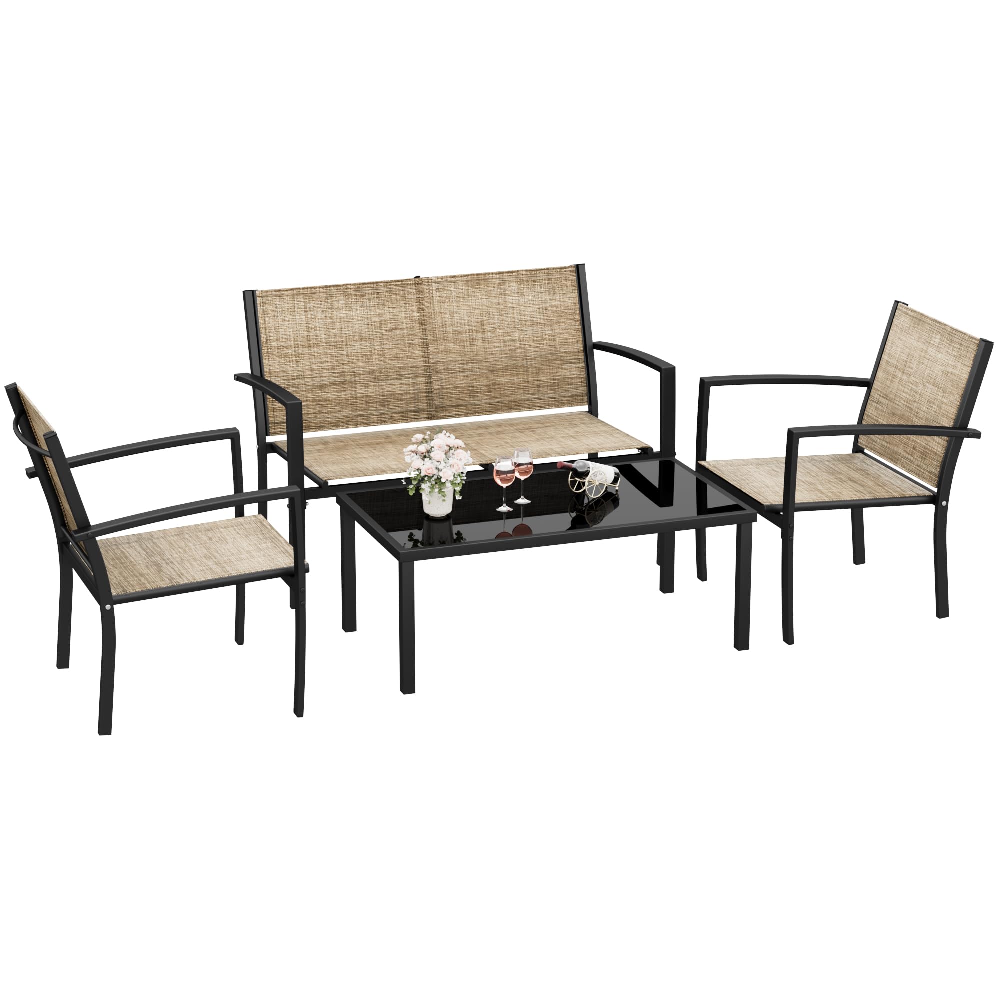 Rankok 4-Piece Modern Outdoor Patio Furniture Set - Textilene Wicker Conversation Set with Loveseat & Coffee Table - Durable All-Weather Patio Chairs for Porch, Lawn, Poolside, Balcony & Backyard (Beige) | Perfect for Outdoor Entertaining, Relaxation & Pool Areas
