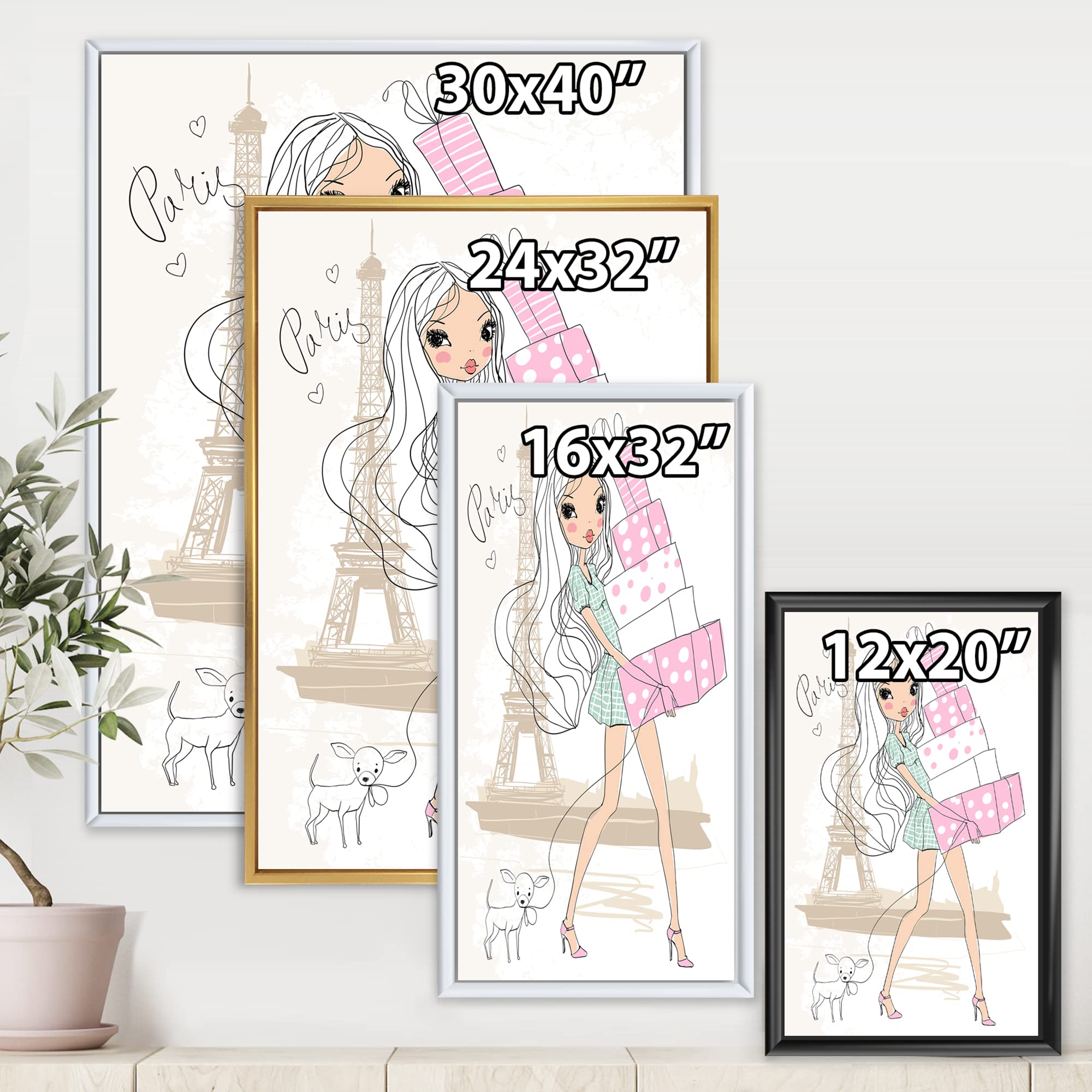 Shabby Chic Framed Canvas Wall Art Print - DesignQ Young Girl with Shopping Boxes in Paris - Perfect for Girls' Bedroom, Nursery, or Chic Home Decor