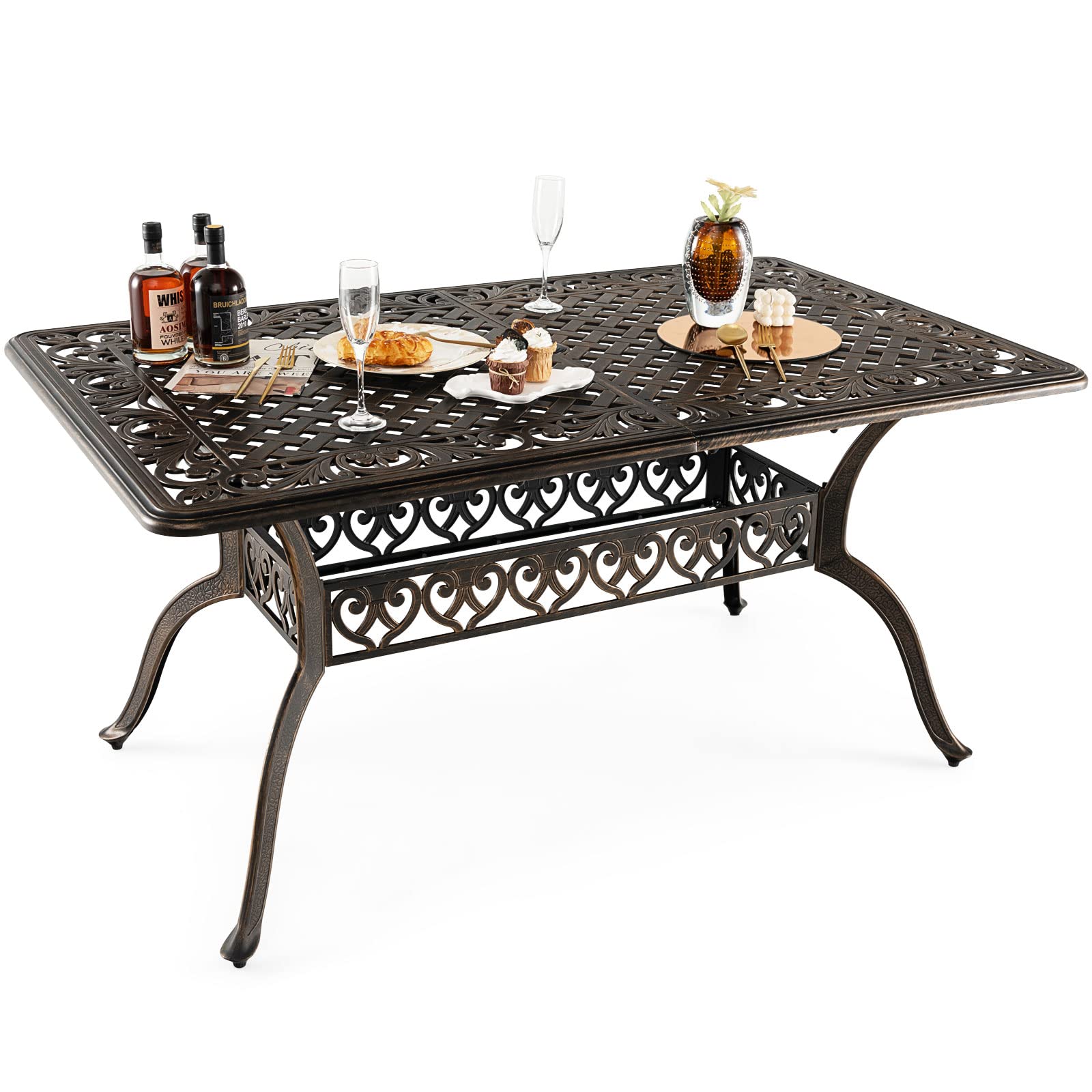 Tangkula 59 Inch Outdoor Dining Table - All-Weather Cast Aluminum Patio Table with Umbrella Hole - 6-8 Person Rectangular Garden Table for Backyard, Poolside & Outdoor Entertaining (Bronze)