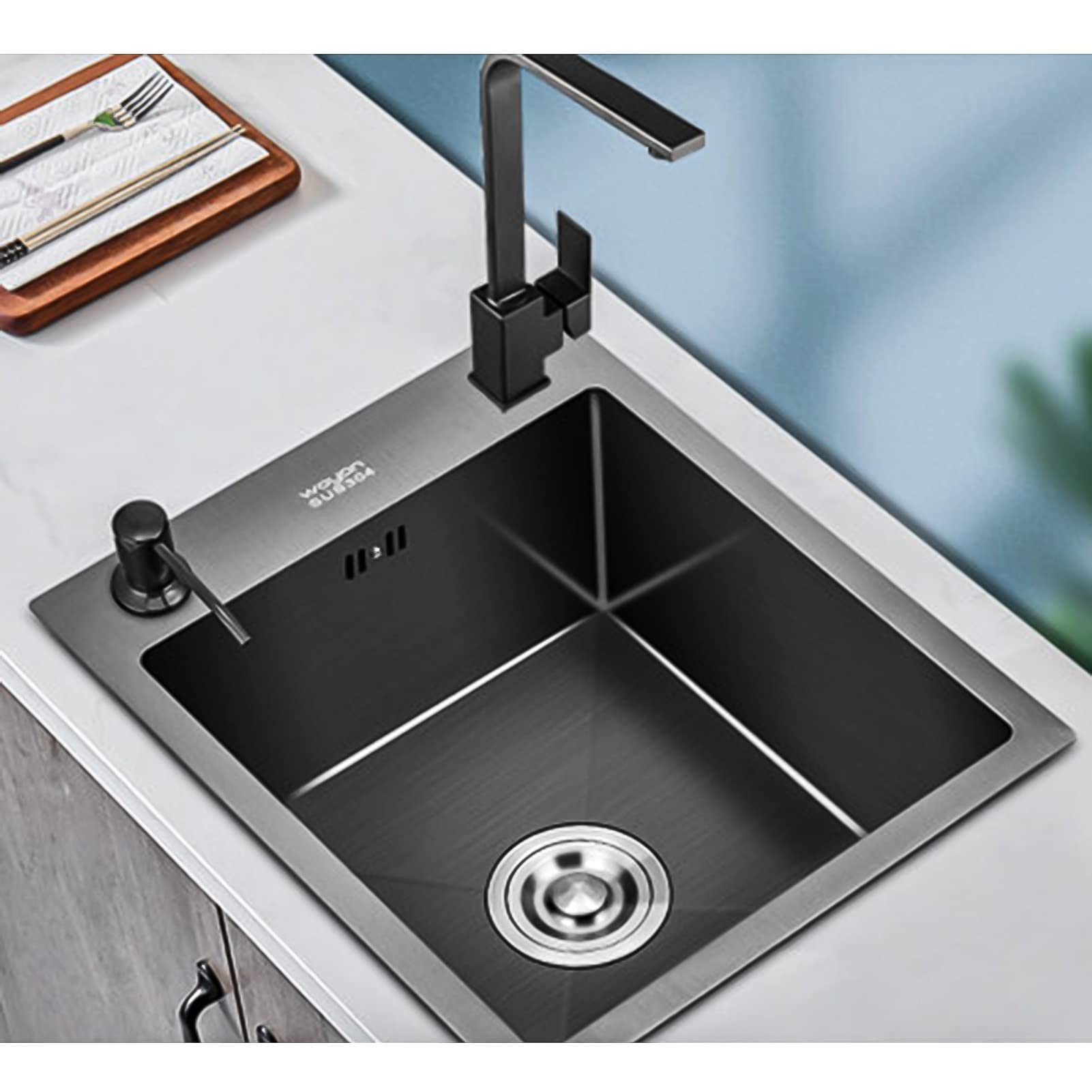 Black-Grey 304 Stainless Steel Square Topmount Bar Sink with Faucet - 40x40cm Single Basin Drop-in Kitchen Sink for Small Workstation, Bar, or RV - Durable & Stylish Design for Home or Commercial Use